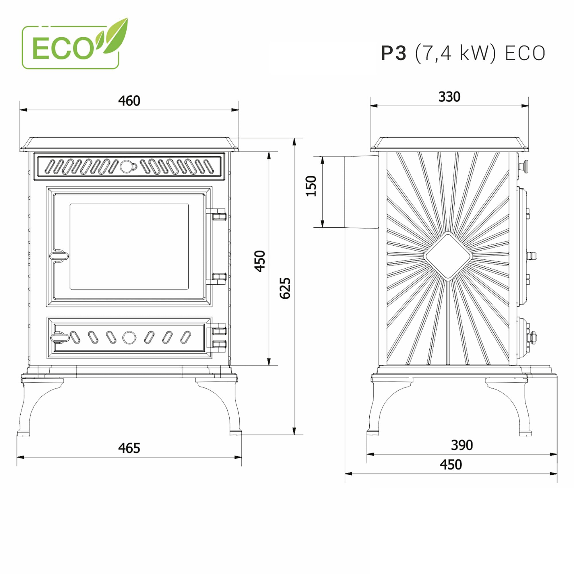 Poêle à bois sans installation, en fonte noire - P3 (7,4 kW) ECO