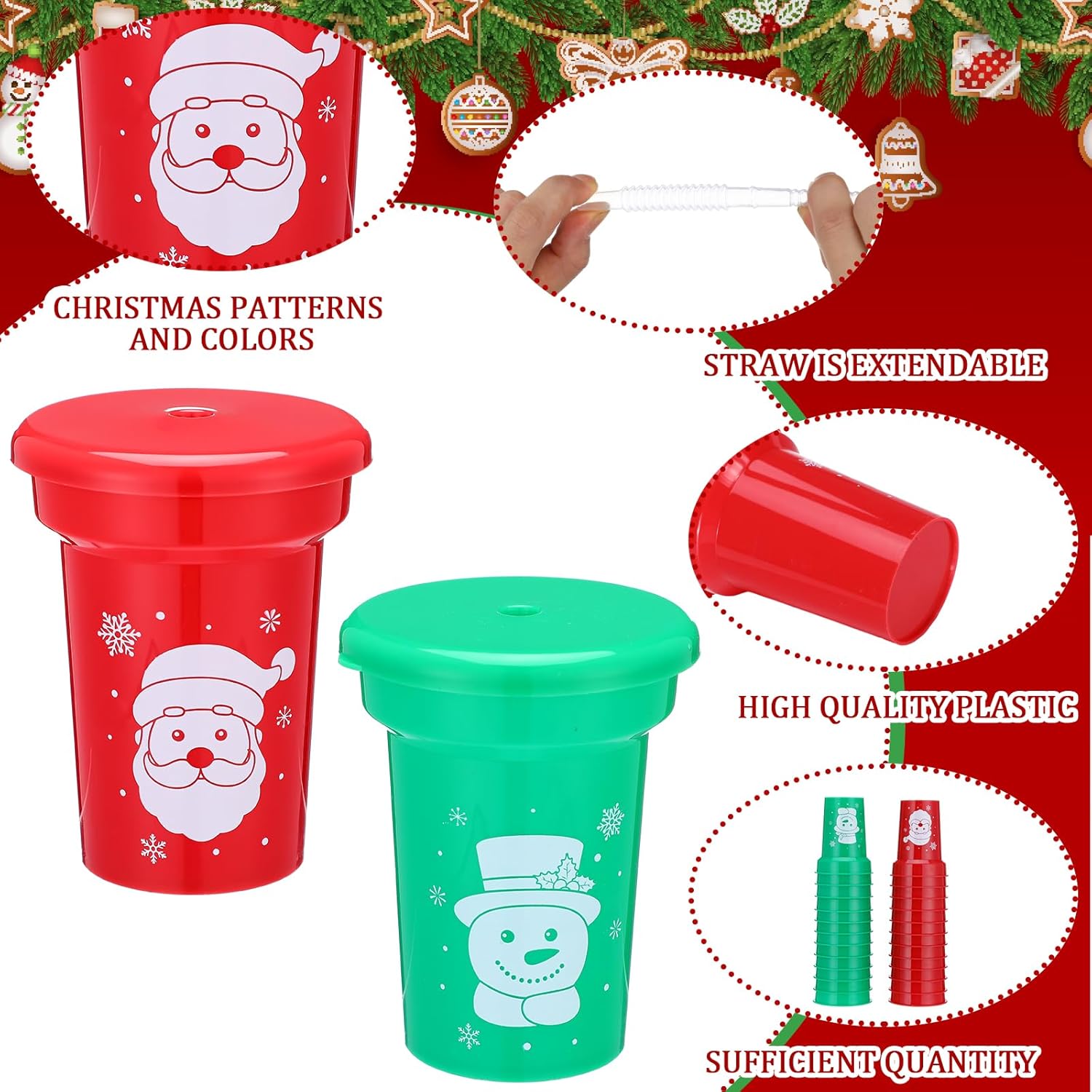 Vesici 30 Pcs 6 oz Mini Christmas Sipper Cups with Straws and Lids Santa Snowman Plastic Cups for Holiday Xmas Party Supplies Favor Gift, Red and Green