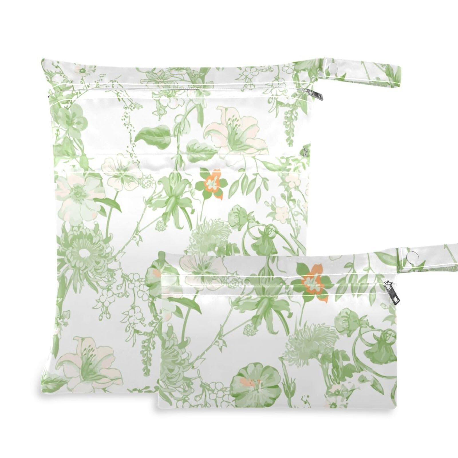 susiyo 2 Pcs Wet Dry Bag Botanical Floral Waterproof Reusable Baby Cloth Diaper Wet Bags with 2 Zipper Pockets for Breast Pump Parts Travel Beach Pool Gym Yoga Swimsuits Wet Clothes