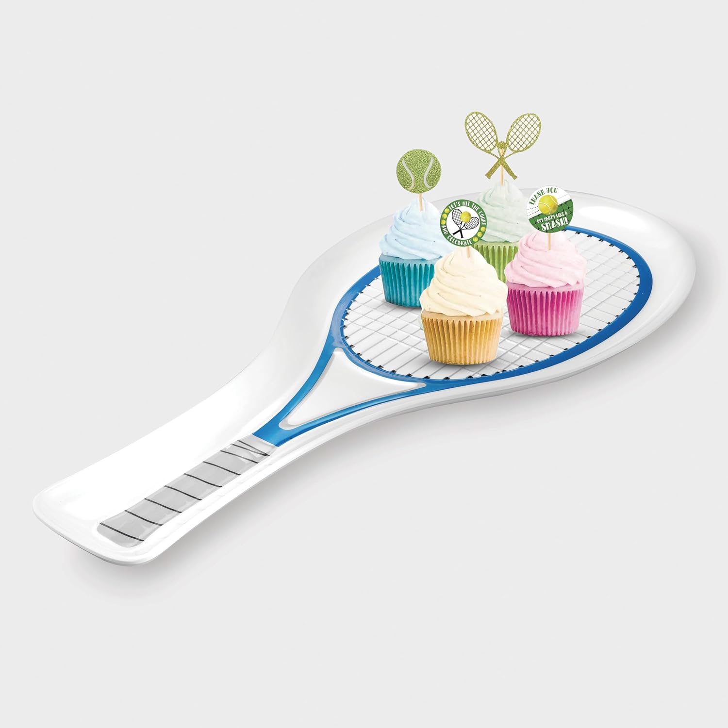 UP UPware Tennis Racquet Shaped Melamine Serving Platter, Sports-Themed Party Tray, Fun Tennis Design, for Snacks, Appetizers, and Desserts, Blue, 21 x 9.5 Inch