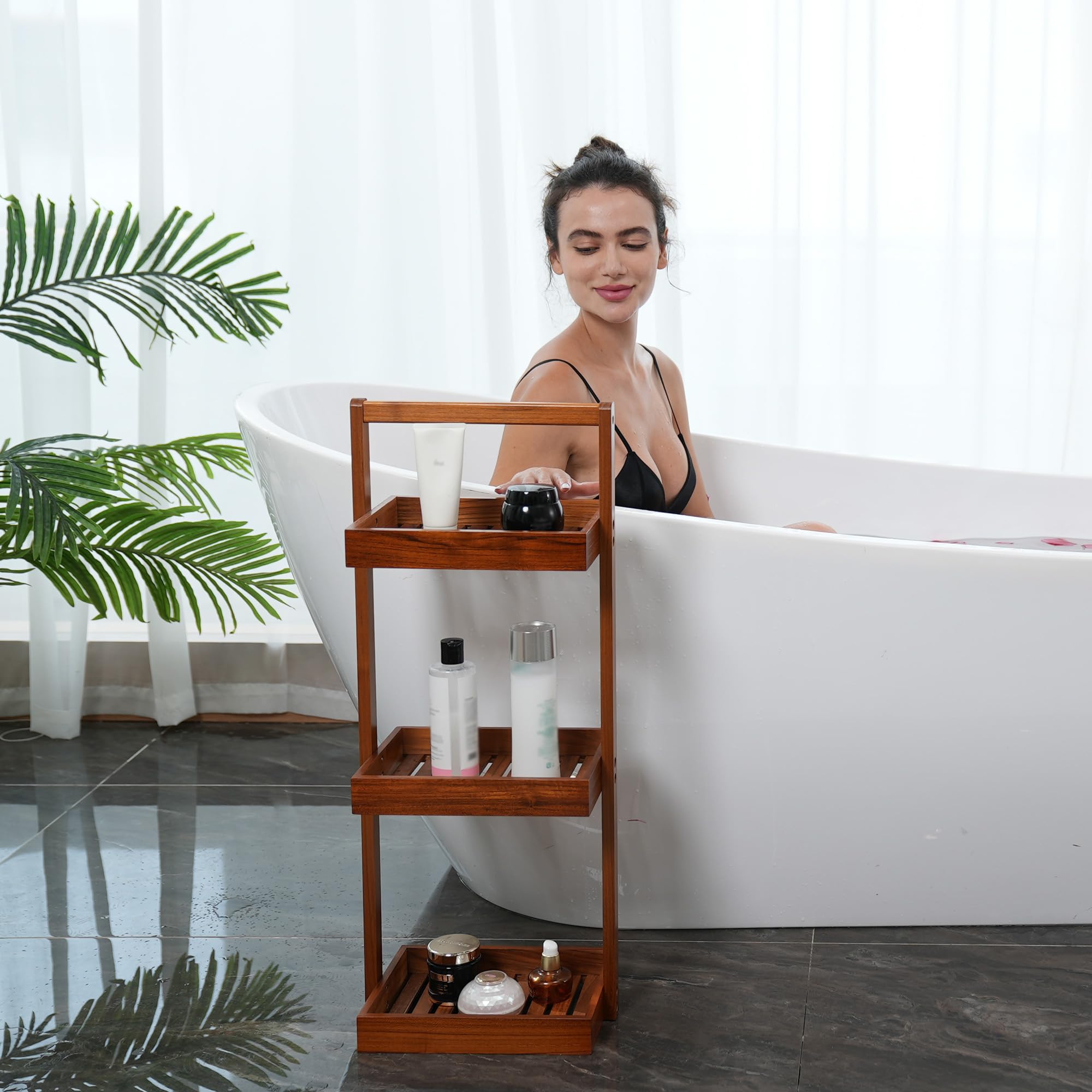 Utoplike Organizador de ducha de madera de teca, organizador de ducha de 3 niveles con asa, estante de ducha de pie para baño, cesta para champú, estante para ducha interior, baño, oficina, cocina | Con asa portátil, cesta de ducha de pie para champú, est
