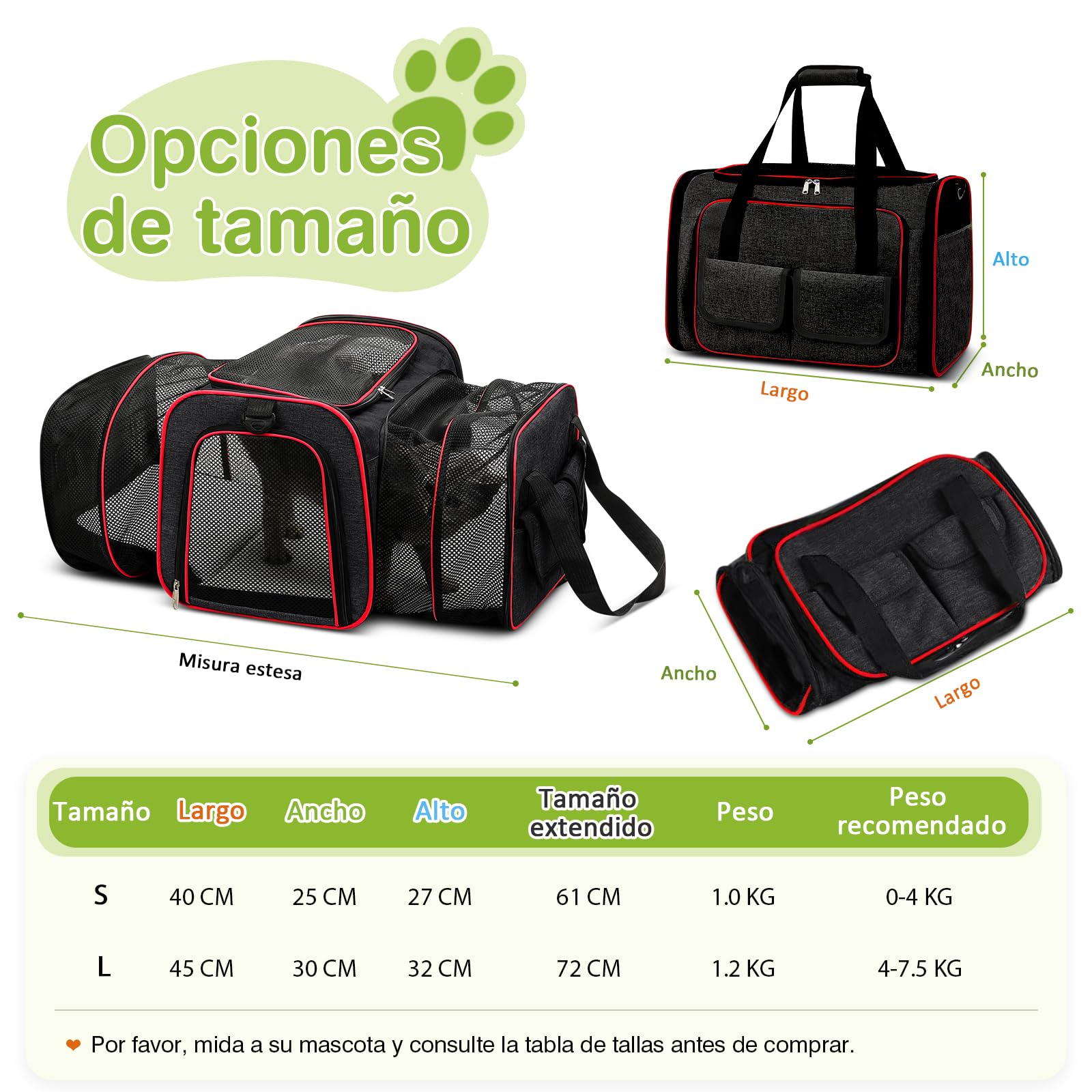 ALLSOPETS Transportín Gato Perro Extensible, Bolsa de Transporte para Mascotas Plegable Transpirable con Colchón Suave para Coche Avión Viaje Tren (Negro, L)
