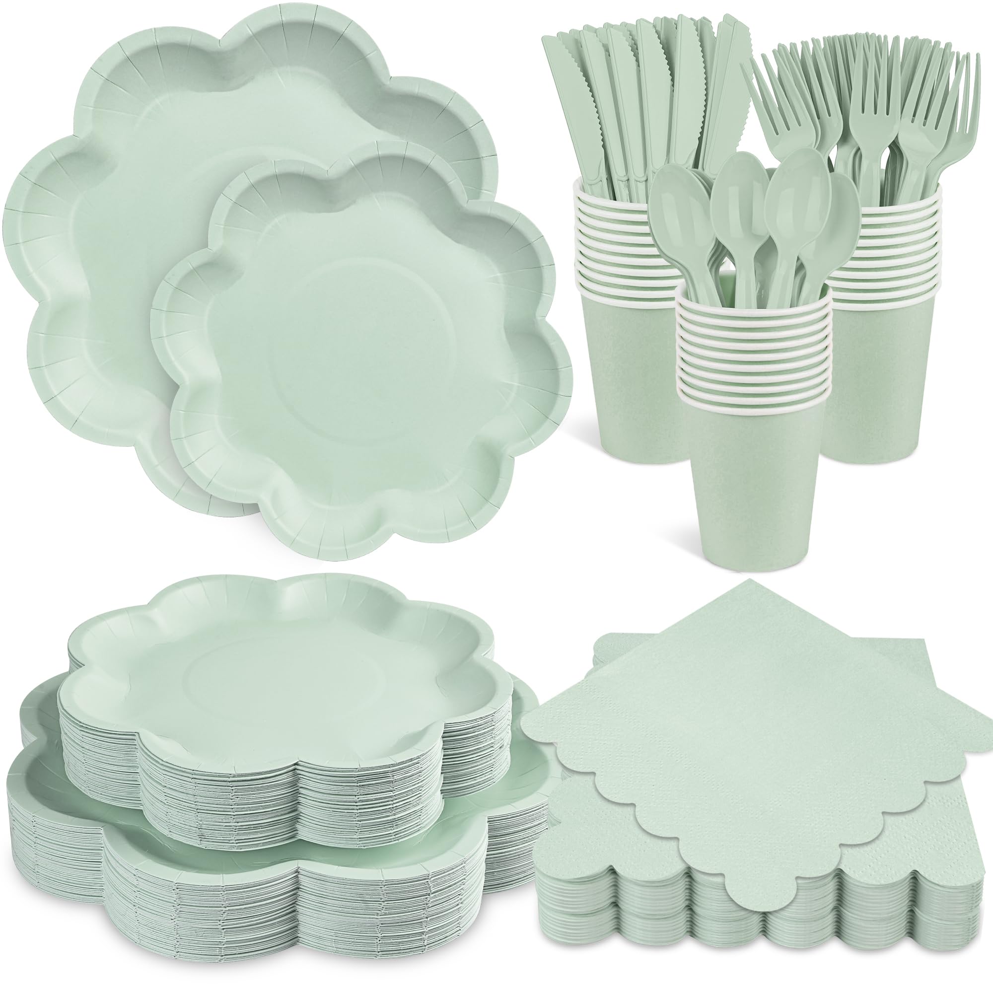 350 Pcs Sage Green Paper Plates and Napkins Set, 10" Easter Plate, 8" Scalloped Dessert Plate, 9oz Cup & Plastic Cutlery, Sage Green Party Supplies