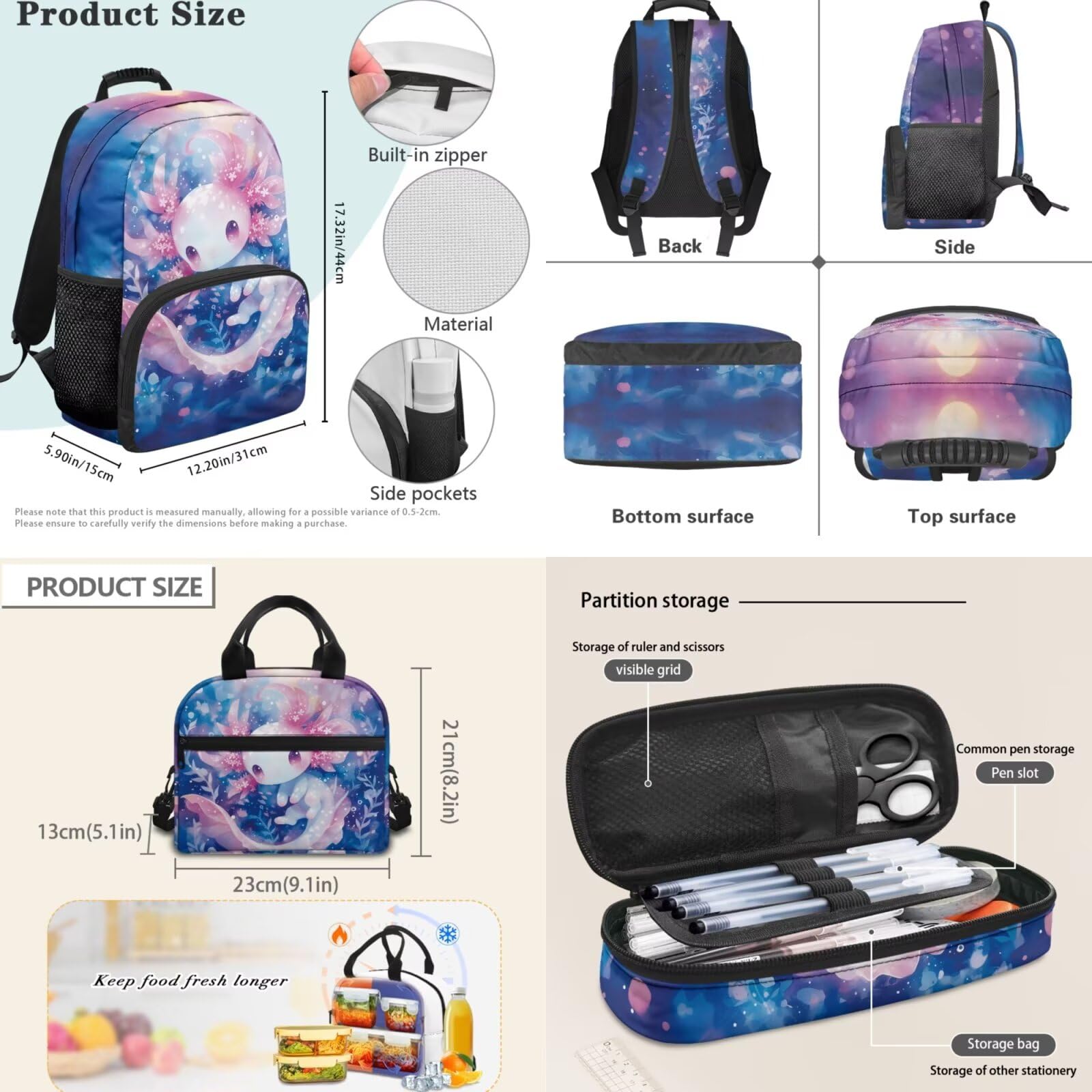Juego de mochila escolar de 4 piezas con fiambrera, estuche y colgante para bolsa, para niños, adolescentes, escuela primaria y secundaria, Flores de ajolote rosa, moderno