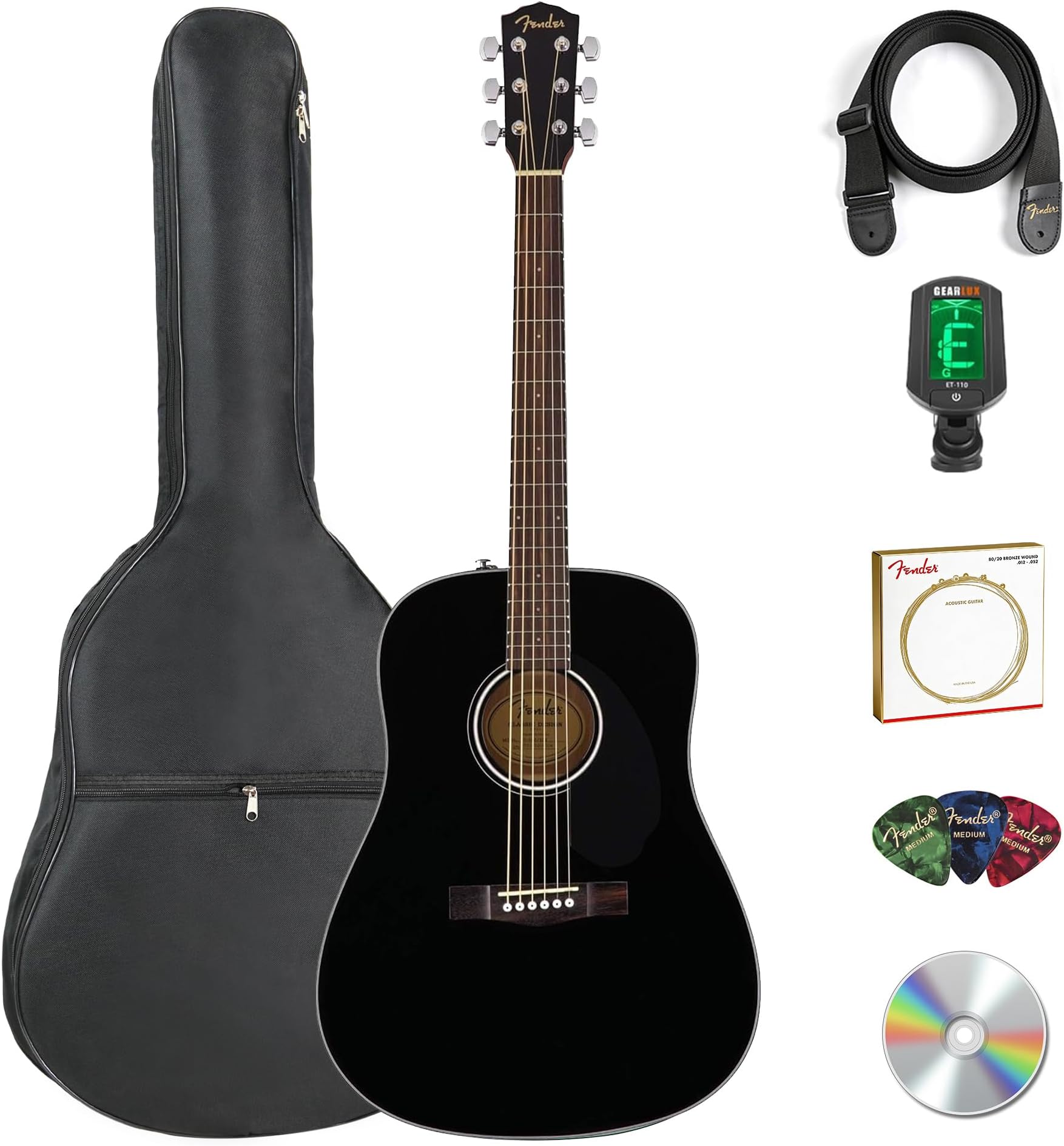 Fender CD-60S Solid Top Dreadnought Acoustic Guitar - Black Bundle with Gig Bag, Tuner, Strap, Strings, Picks, and Austin Bazaar Instructional DVD