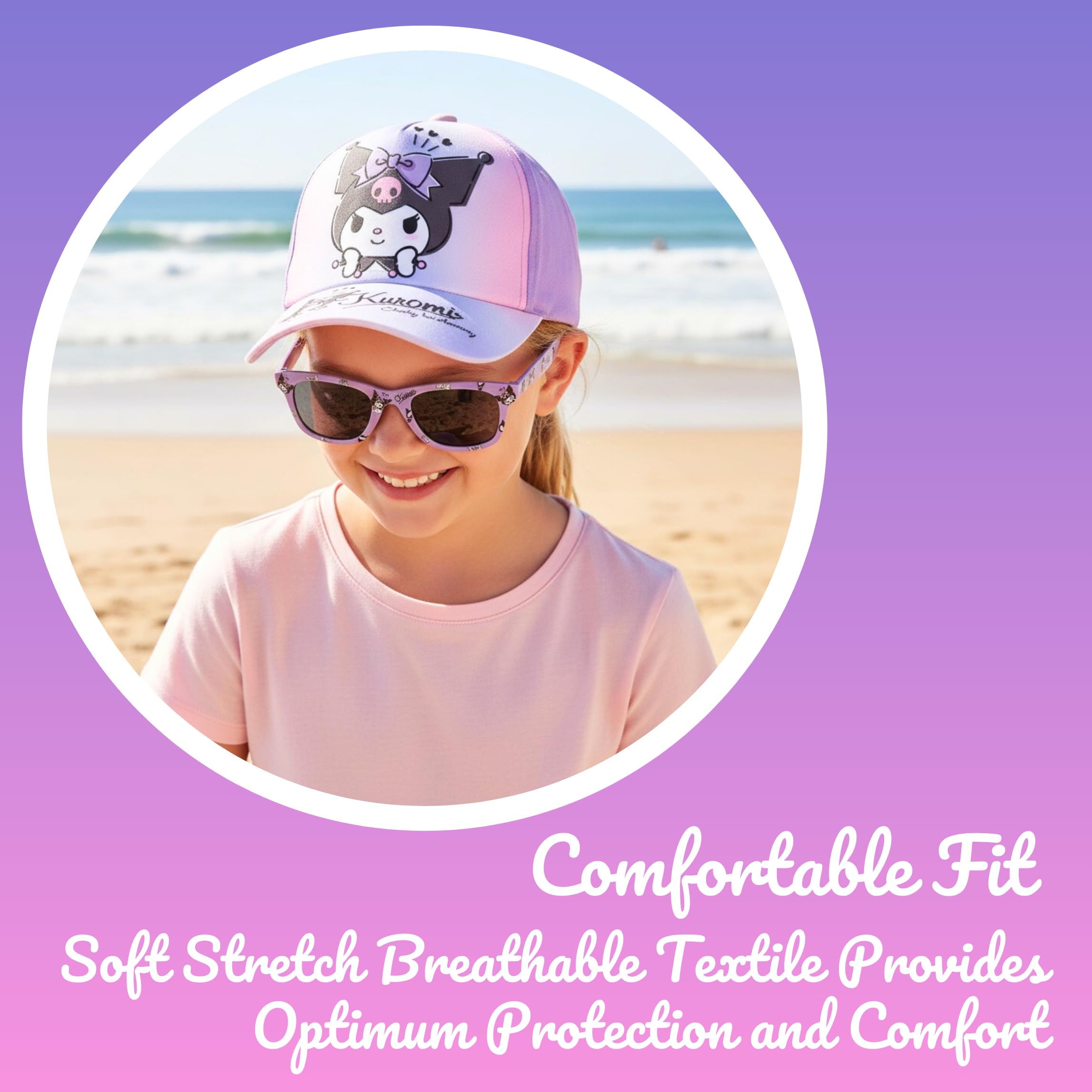 Hello Kitty Kuromi Gorra y Gafas de Sol para Niñas, Gafas de Sol Protección UV, Gorro de Beisbol Infantil