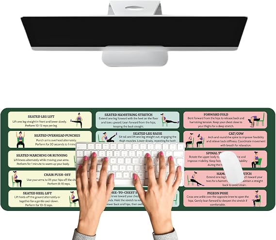Desk Mat with Chair Yoga Guide, Large Mouse Pad for Keyboard and Mouse, 31.5x11.8 Extended Office Desk Pad with Stitched Edges, Non-Slip Rubber Base Desktop Accessories for Office