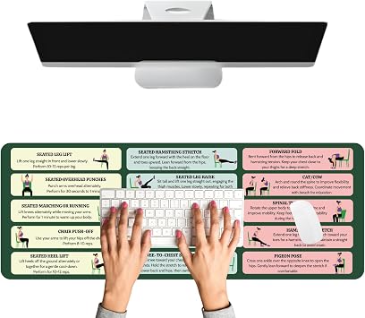 Desk Mat with Chair Yoga Guide, Large Mouse Pad for Keyboard and Mouse, 31.5x11.8 Extended Office Desk Pad with Stitched Edges, Non-Slip Rubber Base Desktop Accessories for Office