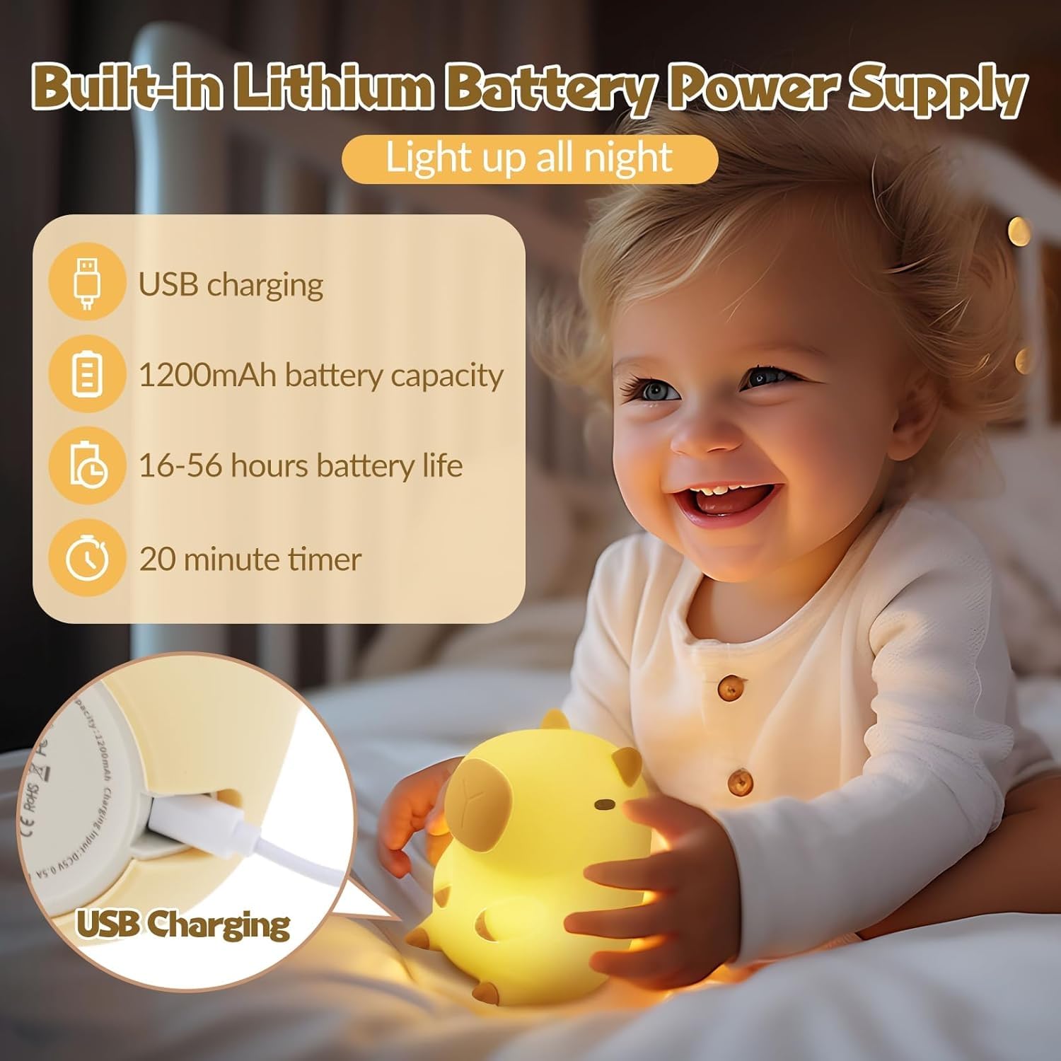 Lampki nocne z kapibarą, lampki LED z kapibarą, lampka z kapibarą ładowana przez USB, lampki nocne dla dzieci do przedszkola, silikonowa lampka nocna dla dzieci do sypialni, salonu i łóżka (B)