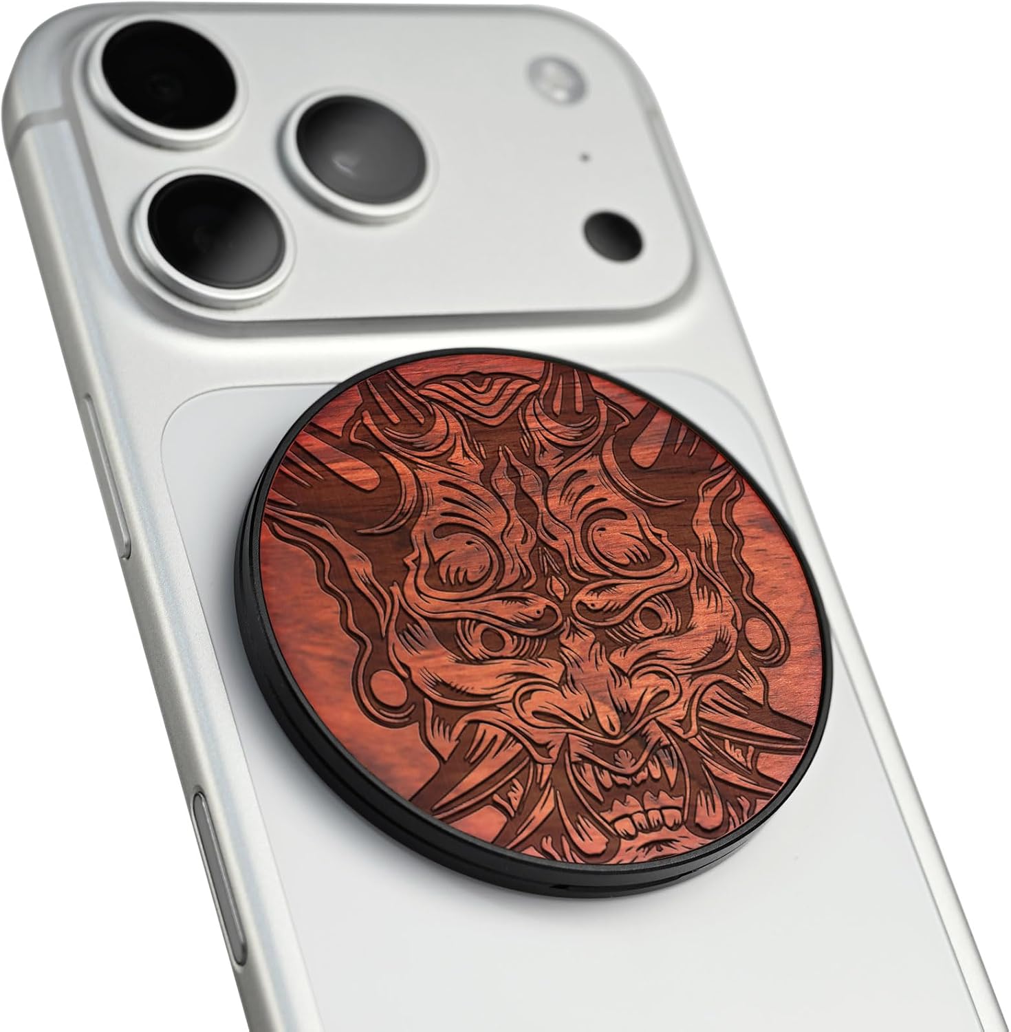 Carveit Wood Magnetic Phone Holder, (Japanese Oni Mask - Rosy)