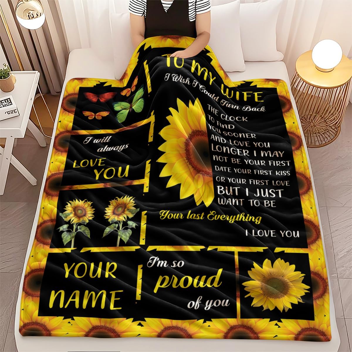 to My Wife Sunflower Blanket Throw with Love Message Black and Yellow Floral Design Romantic Butterfly Pattern I Love You Wife Forever Anniversary with Blankets 60x80 Inches