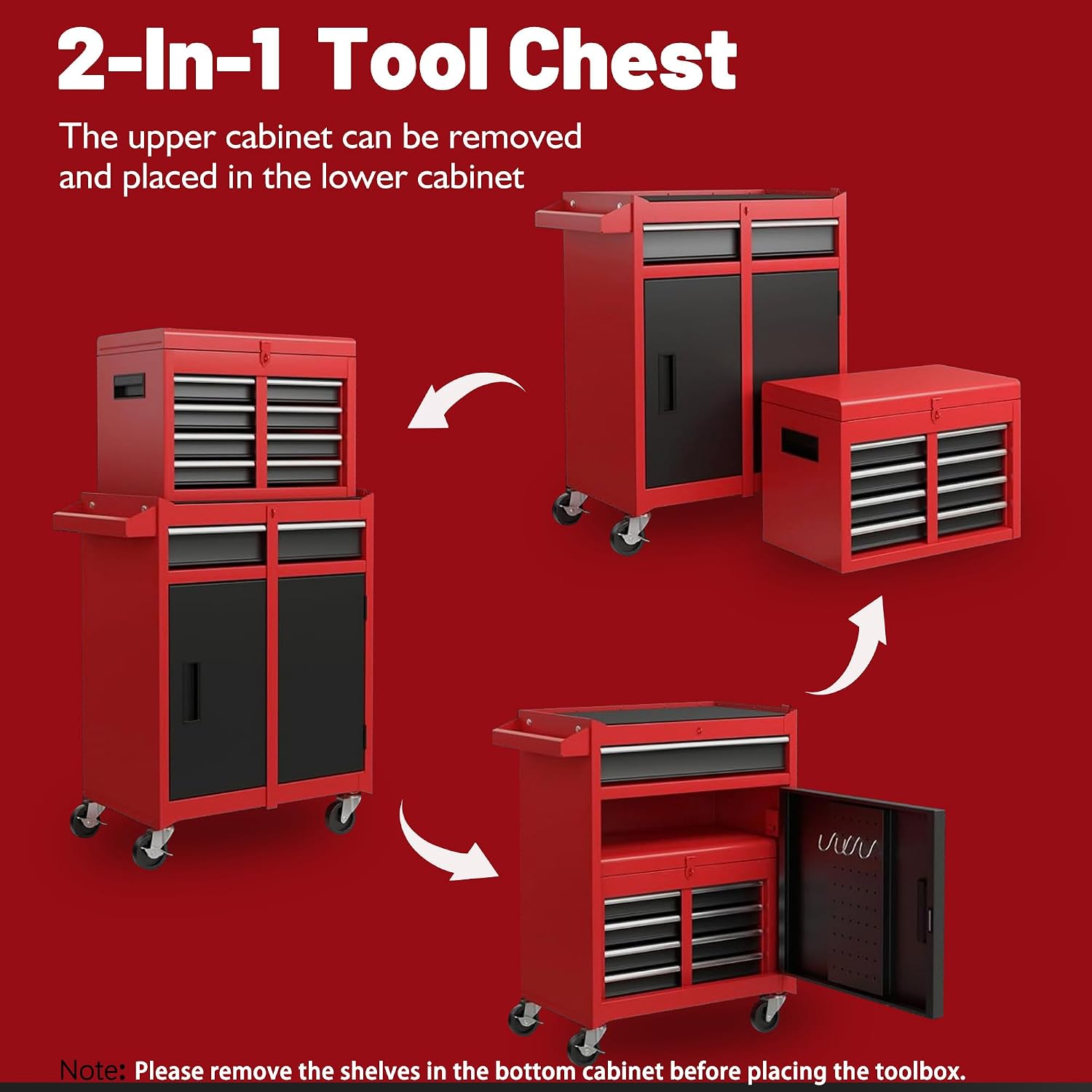 5 Drawers Tool Cart with Wheels & 1 Cabinet,Detachable Portable Top Box,Lock Rolling Tool Chest Trolley Organizer Set,Multifunctional Tool Box w/Storage Lockers for Garage & Workshop(Red)