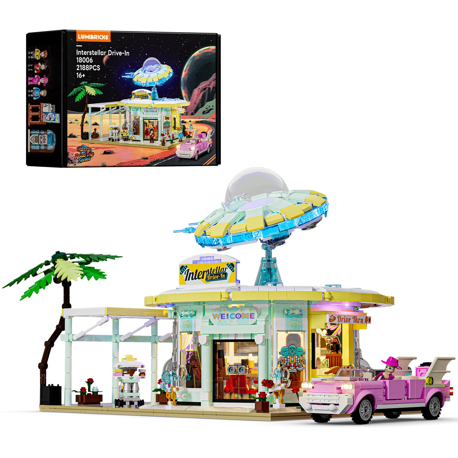 Lumibricks Interstellar Drive-In - 2188pcs Retro-Futuristic UFO Diner Building Kit with LED Lights, Modular Design, Collectible Model for Adults, Gift & Display