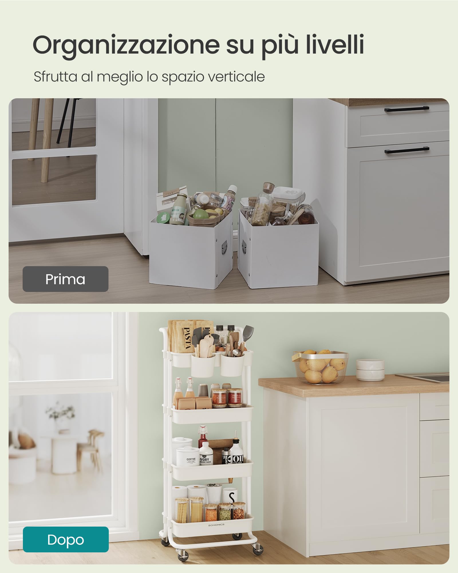 SONGMICS Carrello Scorrevole, Trolley a 4 Livelli, Carrello di Servizio con Manico e 2 Piccoli Organizzatori, Struttura in Acciaio, per Bagno Lavanderia, Bianco BSC077WZ01
