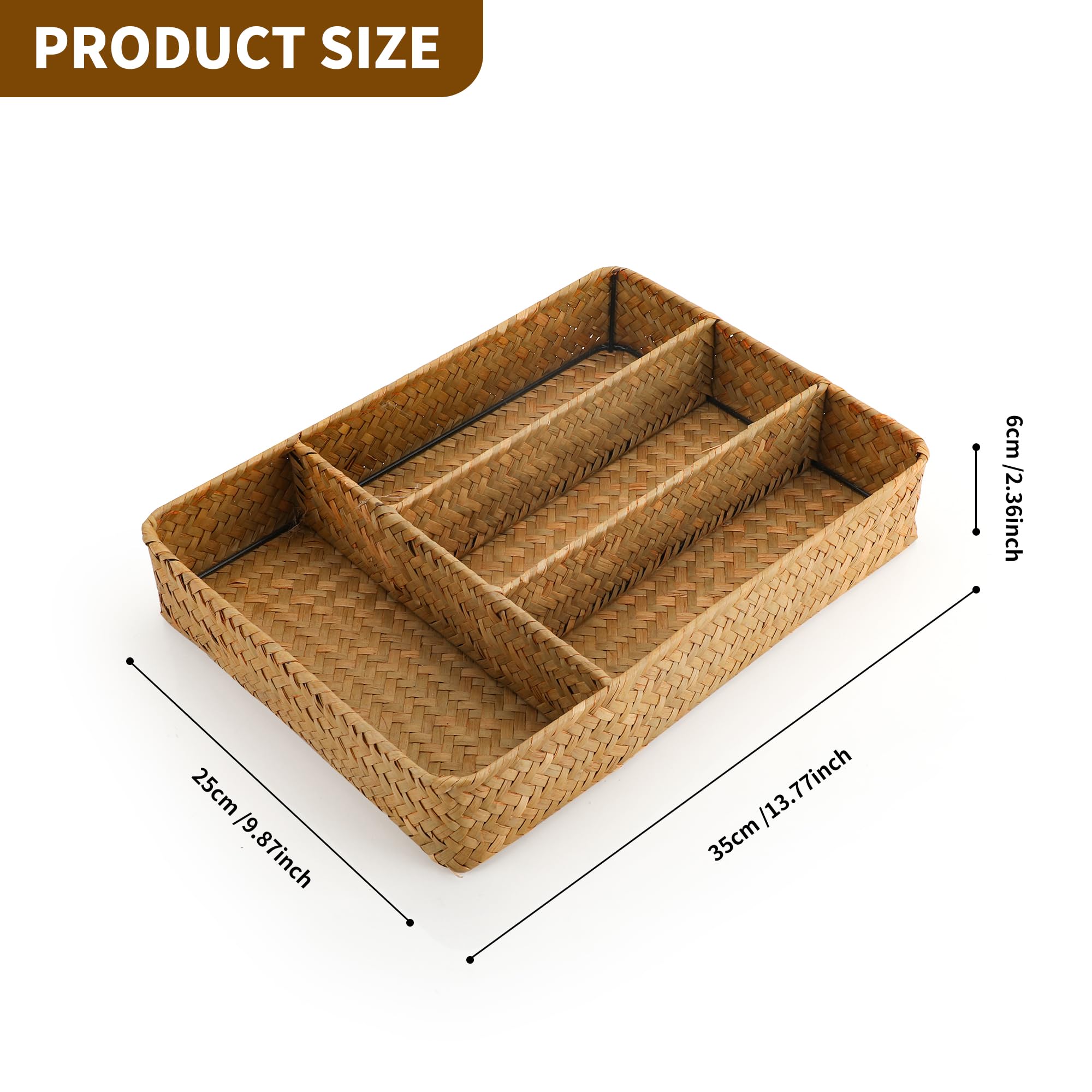 YKUKIZEE 4 Sections Rectangular Seagrass Storage Baskets, Rectangular Rattan Storage Basket Tray Handmade - Image 2