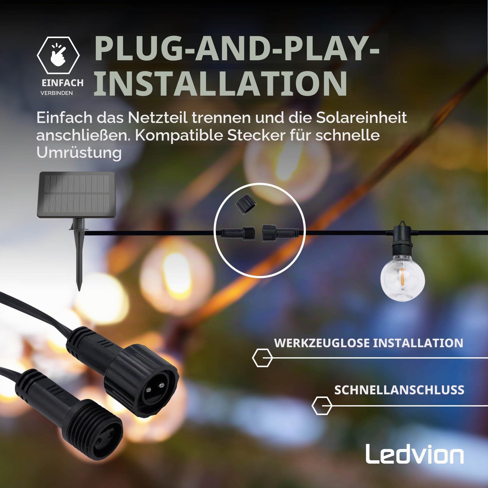 Ledvion - Lichterkette, 16.5M Solar, 30x E12 LED Lampe, wasserdicht IP44, 2700K, G40, Plug & Play, koppelbar