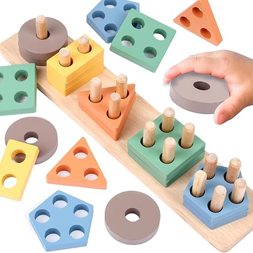 AZEN Juguetes Montessori para niños y niñas de 1, 2 y 3 años, juguetes de clasificación y apilamiento de madera para niños pequeños de 1 a 3 años,