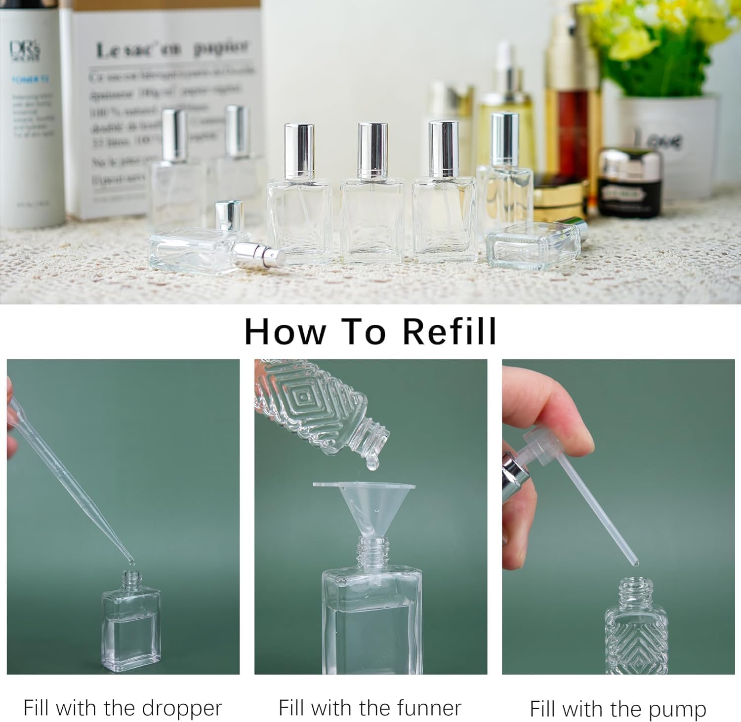 HDCRYSTALGIFTS 12 bottigliette vuote quadrate in vetro da 15 ml, con nebulizzatore e nebulizzatore per profumo, erogatore di pipette, profumi, lozioni, oli essenziali, 12 pezzi