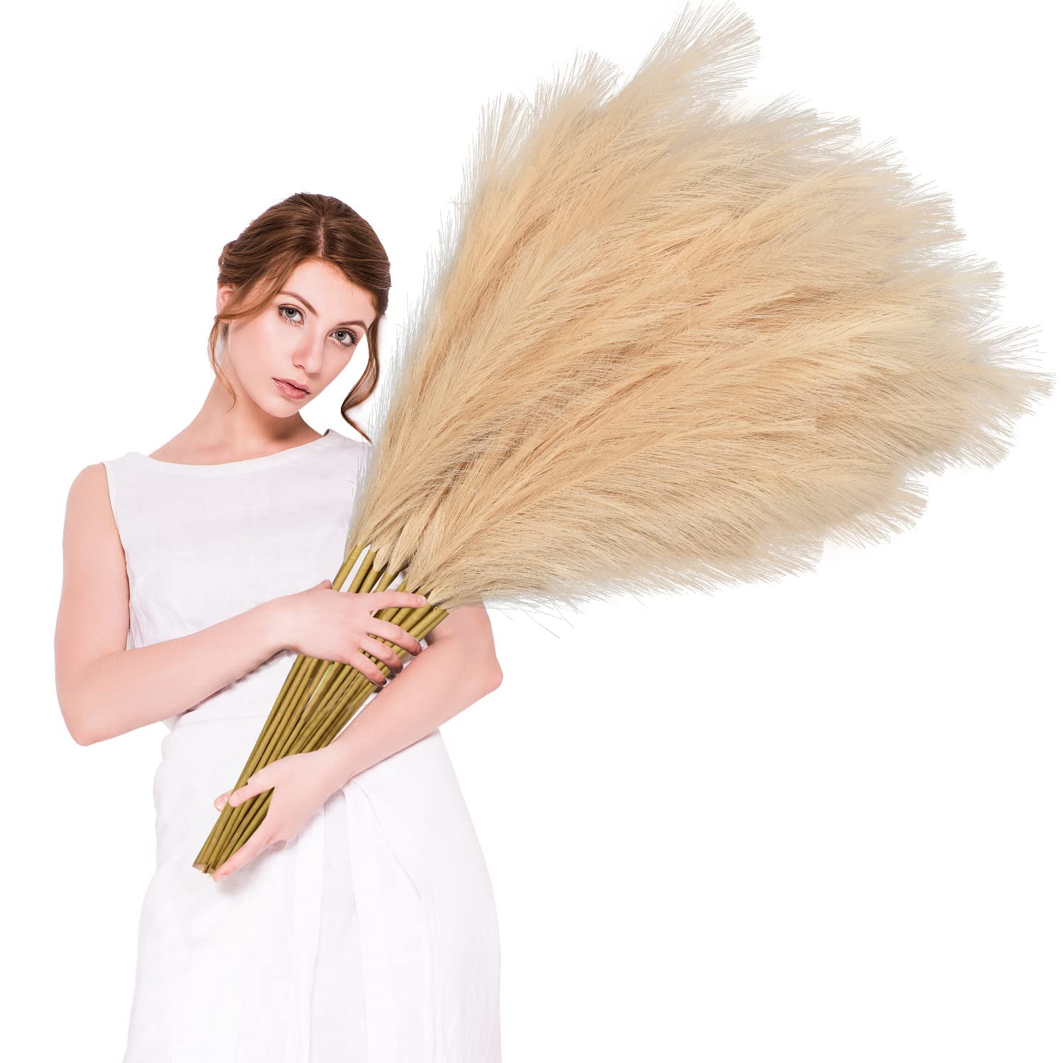 DearHouse10Pcs Faux Pampas Grass, 38''/3.1FT Tall Fluffy Fake Pompas Floral, Large Artificial Pompous Grass Branches for Floor Vase Fillers, Boho Farmhouse Room Home Wedding Decoration (Wheat)