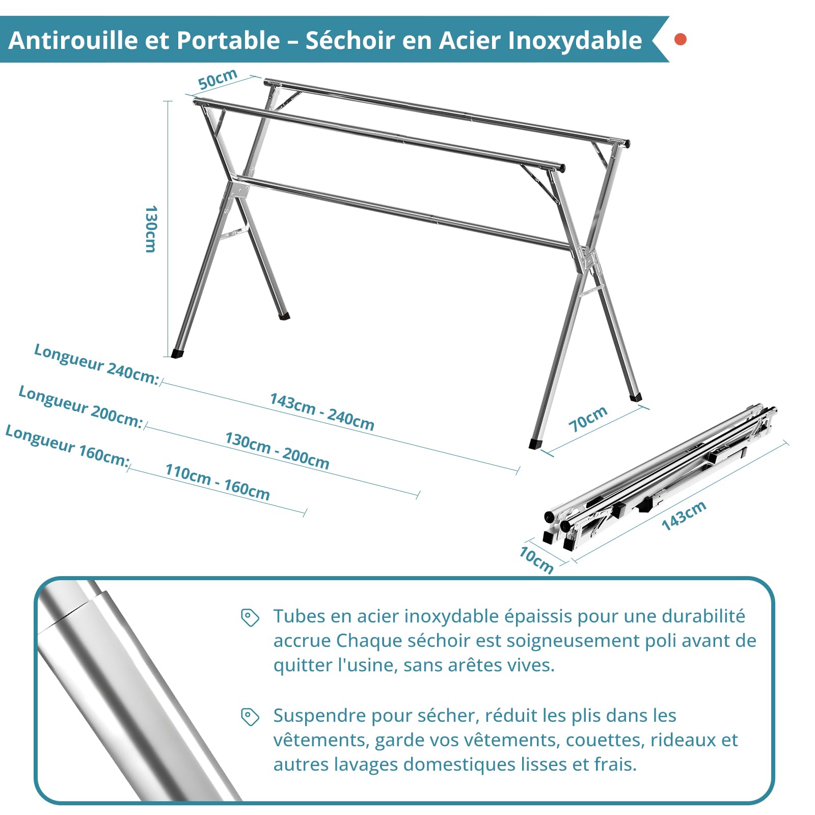 JAUREE 240 cm Séchoir à Linge, étendoir Pliable pour vêtements intérieur/extérieur, Support à Linge en Acier Inoxydable Robuste, Grand Portant Pliable et Portable avec 20 Crochets Coupe-Vent