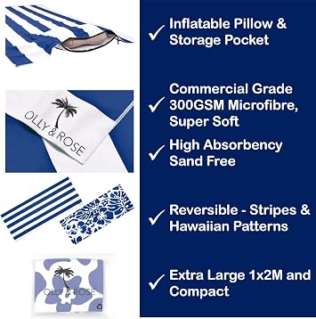 Olly & Rose Luxury Microfibre Extra Large Beach Towel with Zip Pocket and Inflatable Pillow and Reversible Pattern 100 x 200cm Blue - 300GSM Luxury Microfibre Light Weight Travel Towel…