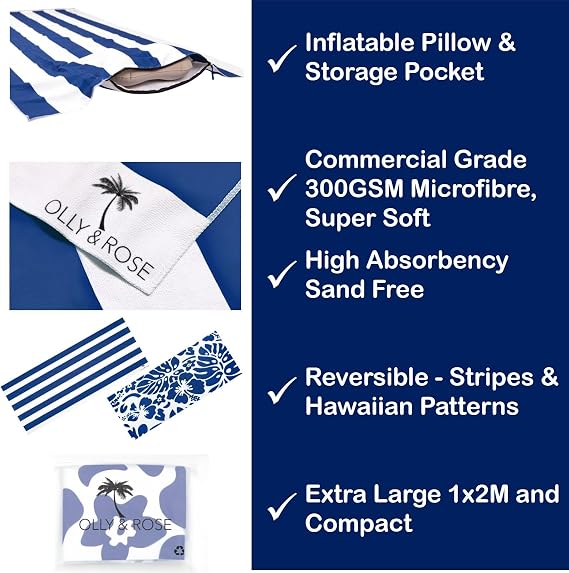 Olly & Rose Luxury Microfibre Extra Large Beach Towel with Zip Pocket and Inflatable Pillow and Reversible Pattern 100 x 200cm Blue - 300GSM Luxury Microfibre Light Weight Travel Towel…