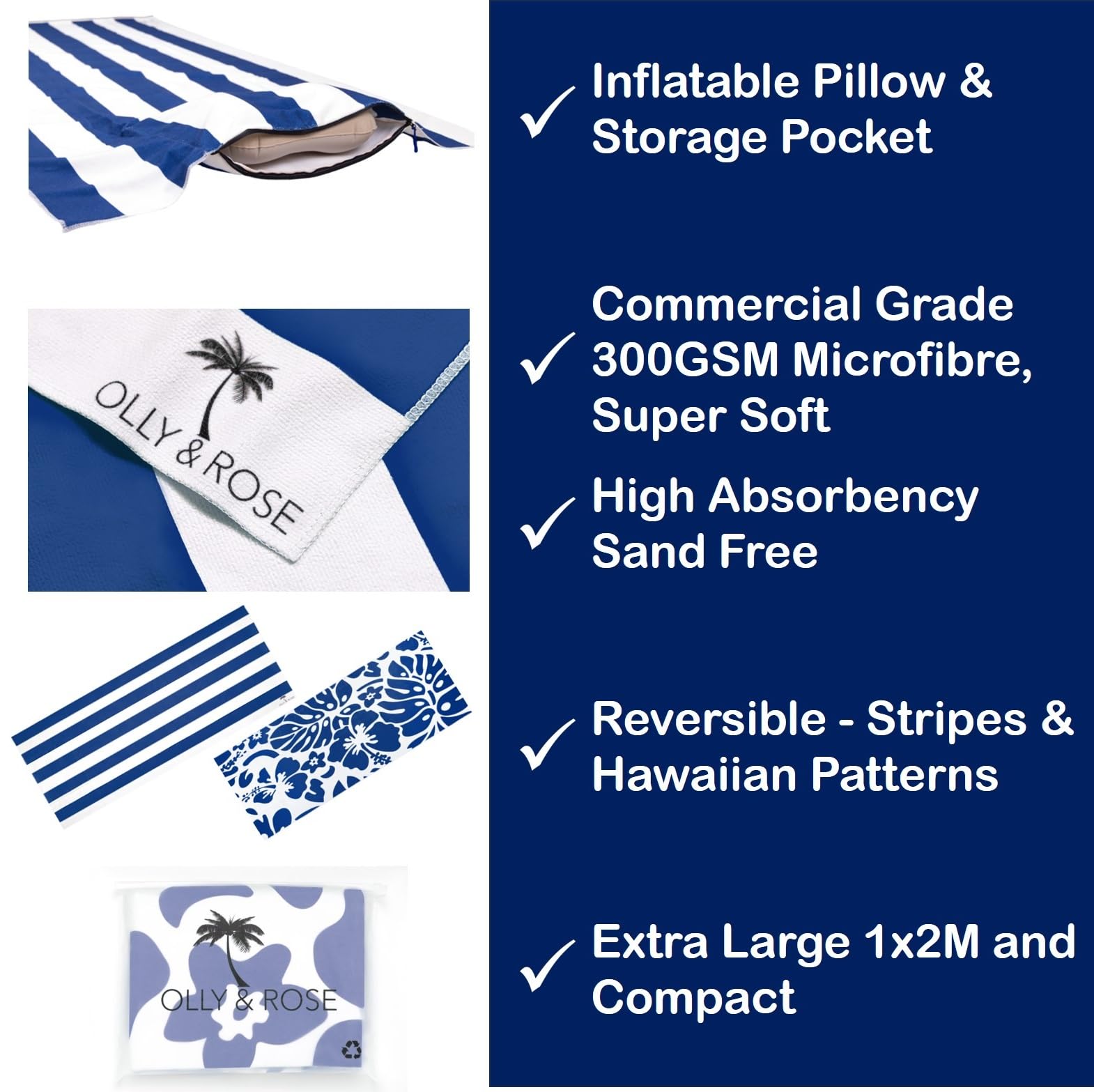 Olly & Rose Luxury Microfibre Extra Large Beach Towel with Zip Pocket and Inflatable Pillow and Reversible Pattern 100 x 200cm Blue - Image 3