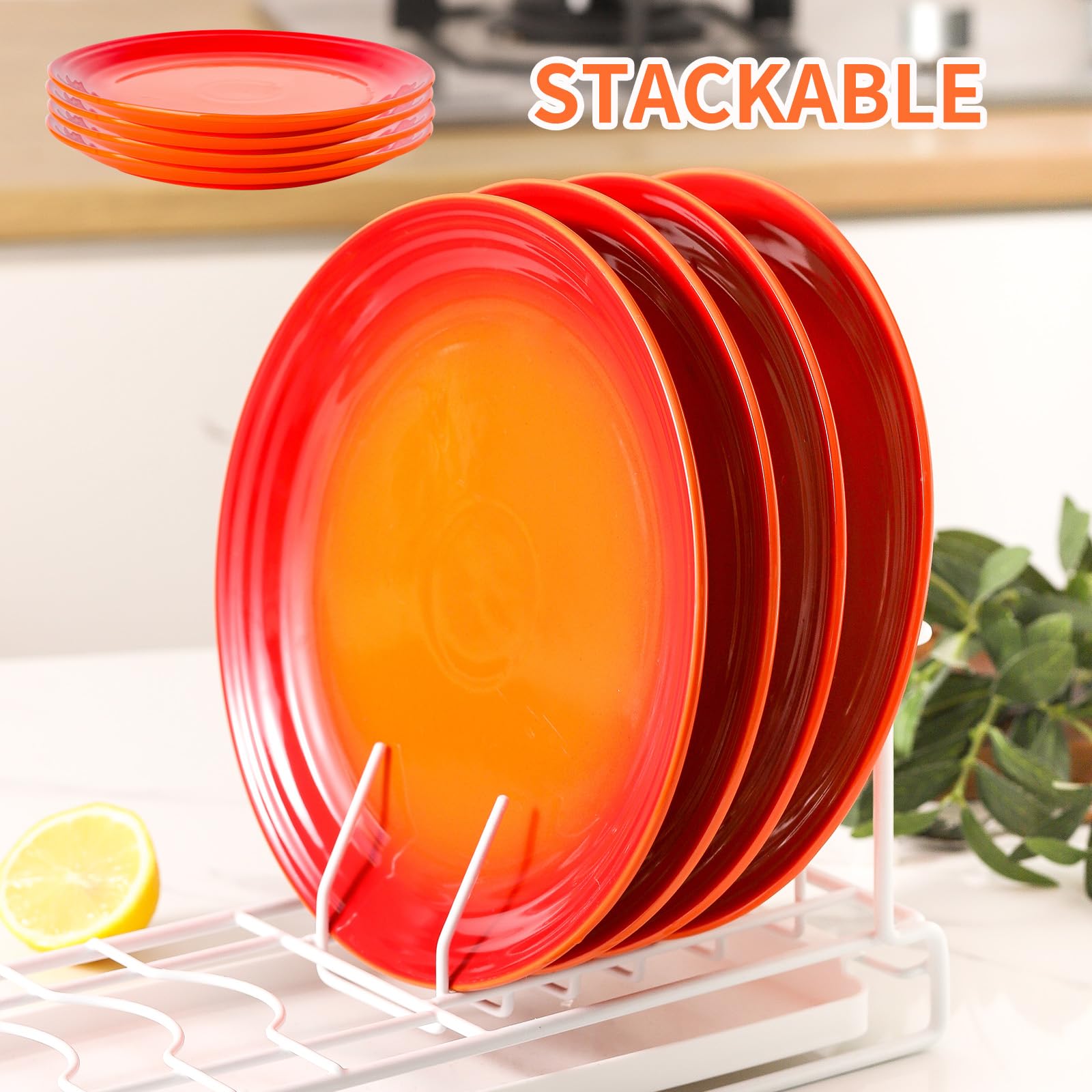 glowworm Juego de 4 platos llanos de porcelana de 10 pulgadas, platos de cocina para ensalada, filetes, pasta, microondas y lavavajillas, resistentes a los arañazos, color naranja