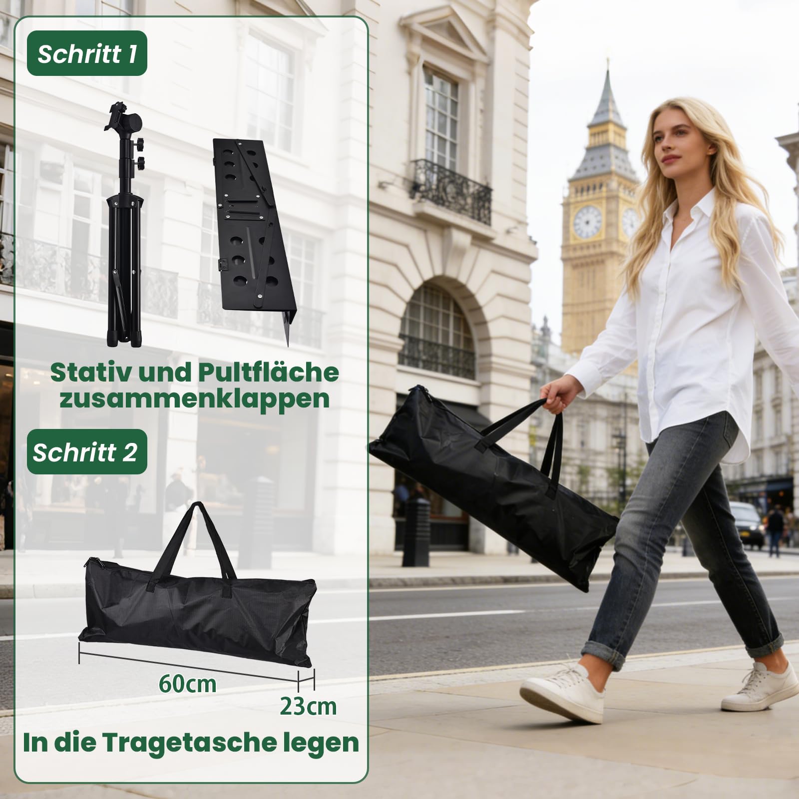 Professioneller Notenständer, höhenverstellbar (49-113cm) robuster Music Stand für Konzert und Reise, Notenständer Klappbar inklusive mit Metall-Dreibein, belüftete Platte & Transporttasche (Schwarz)