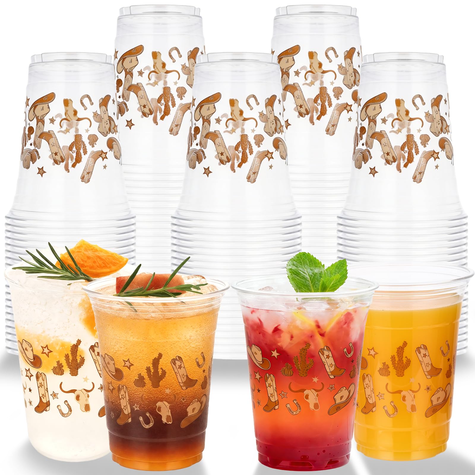 Photo 1 of 100Pcs Western Cowboy Party Plastic Cups 16.9oz Brown Cowboy Disposable Cup