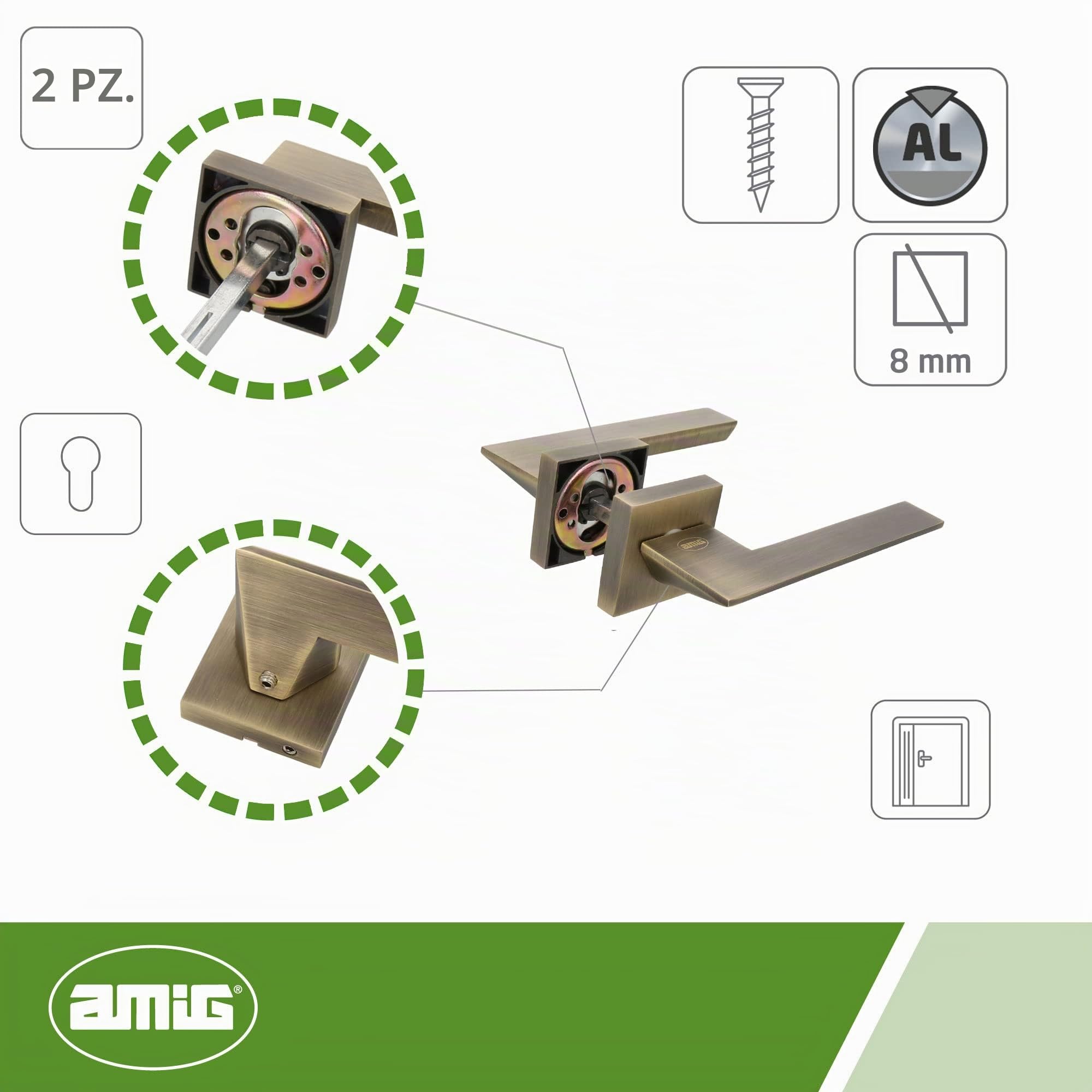 Amig - Set di maniglie per porta | mod. Zahora | 52 x 146 mm | con bocallave | design elegante e semplice | manico ergonomico | pelle zama
