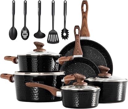 DishDelight 15pcs Induction Hob Pan Set Hammered Pots and Pans Sets Non Stick Saucepan Set Frying Pan Kitchen Cookware Cooking Pot with Lids