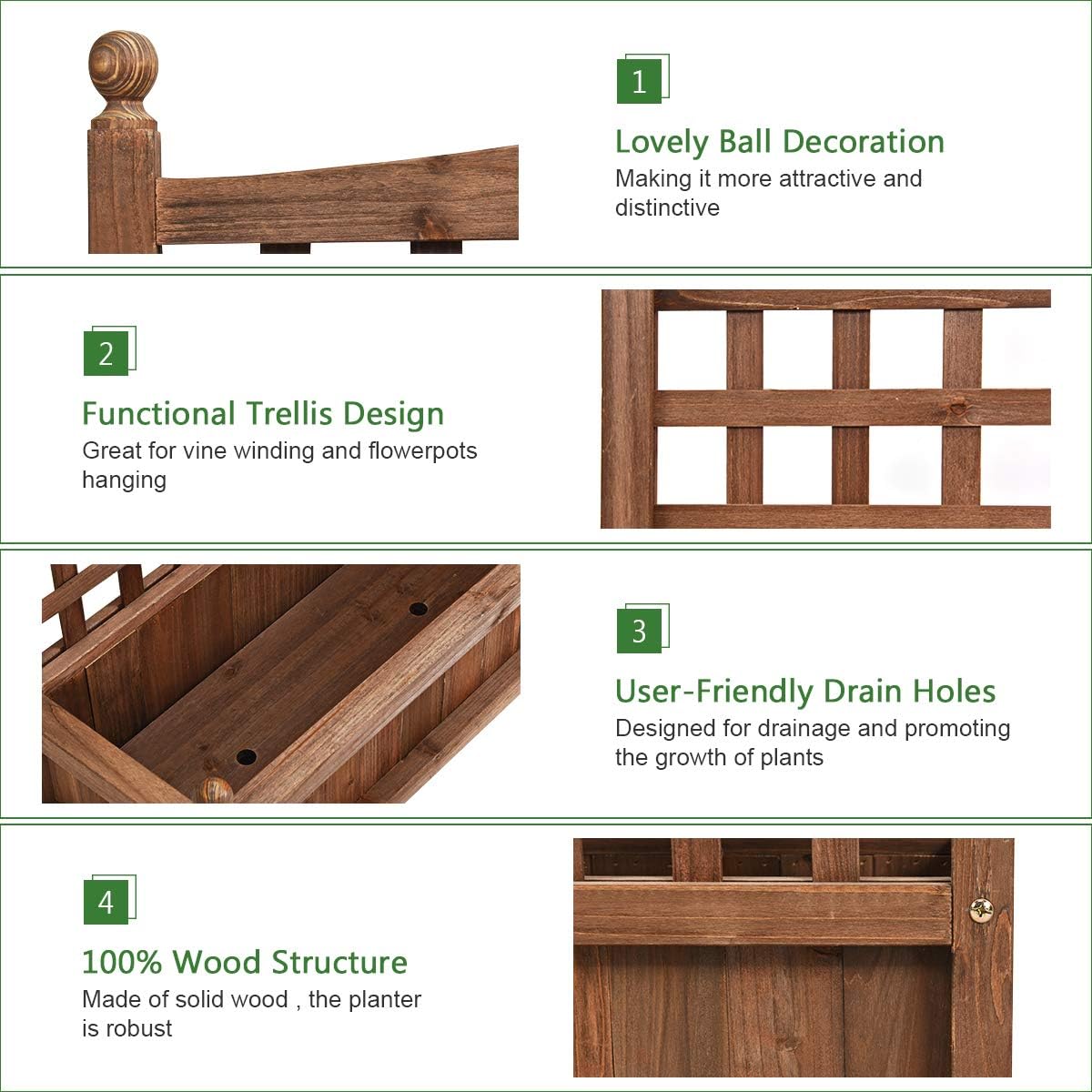 Giantex Wood Planter Free Standing Plant Raised Bed with Trellis for Garden or Yard (25’"Lx11 Wx30 H)