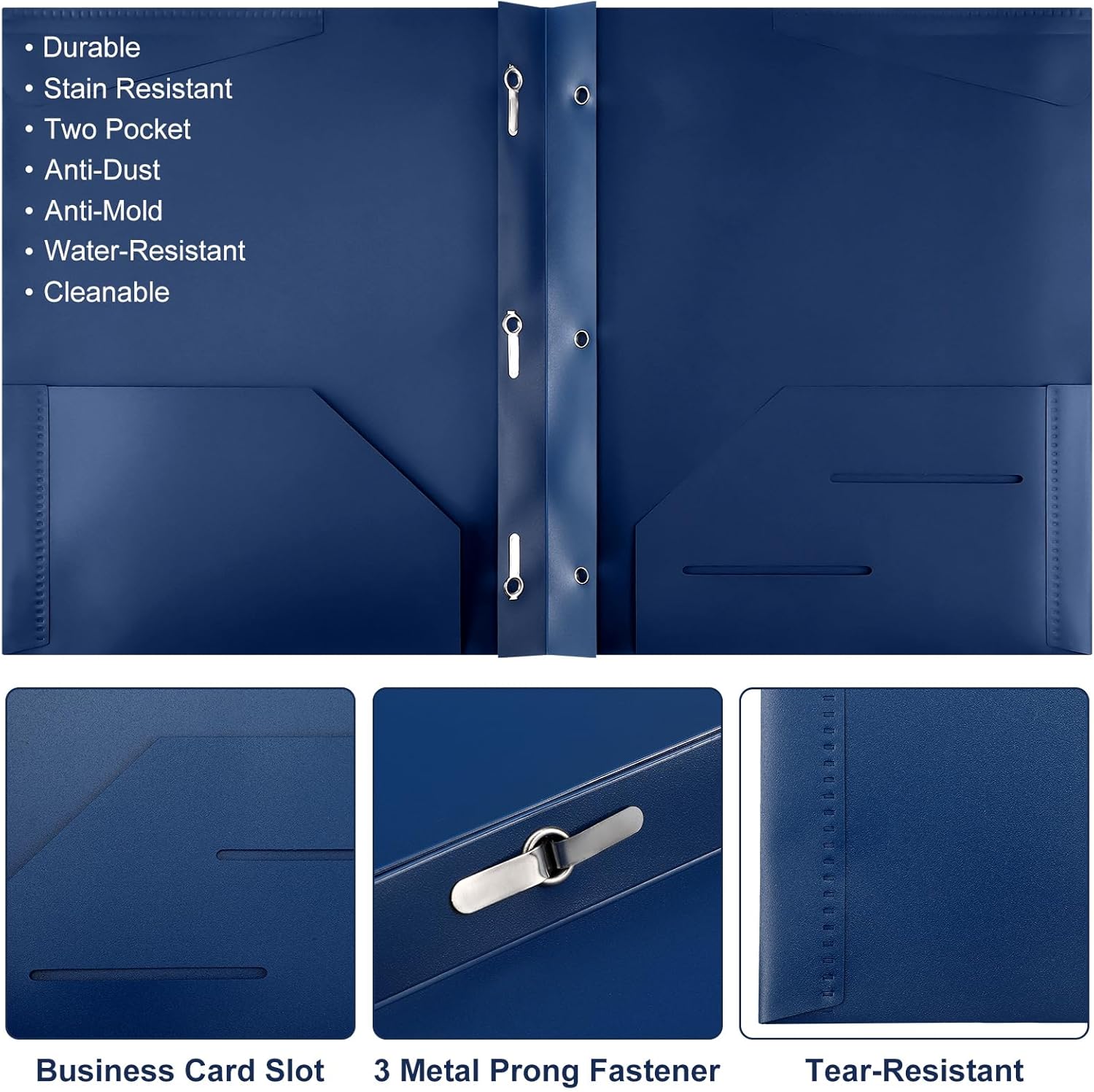 Tenceur 48 Pack Plastic Folders with 3 Prongs Bulk Heavy Duty Folders with Clear Front Pockets and Card Slots with Fasteners Fit Letter-Size Papers for Work School Office (Navy Blue)