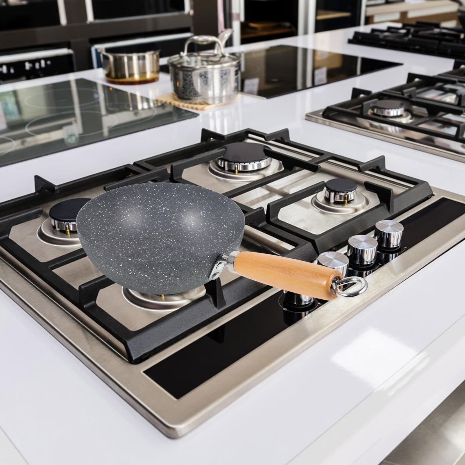 Kleiner Wok mit Marmoroptik Antihaftbeschichteter Gusseisen kochwok für Herd Grill Vielseitig zum Braten Dünsten Kochen Schnelles Gleichmäßiges Erhitzen Robust Haushaltsgerecht
