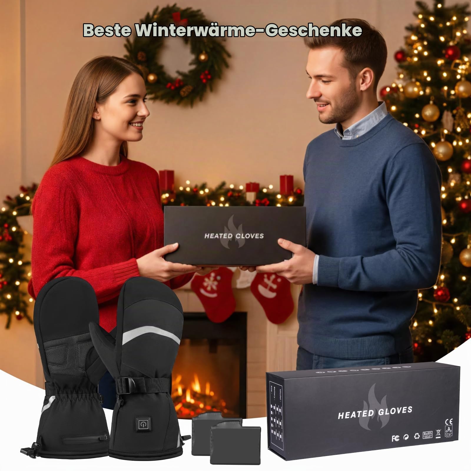 Elektrisch Beheizbare Handschuhe mit 3000mAh Akku, Touchscreen Fingerspitzen Beheizte Handschuhe für Damen Herren, 3 Wärmestufe, Wasserdicht, C