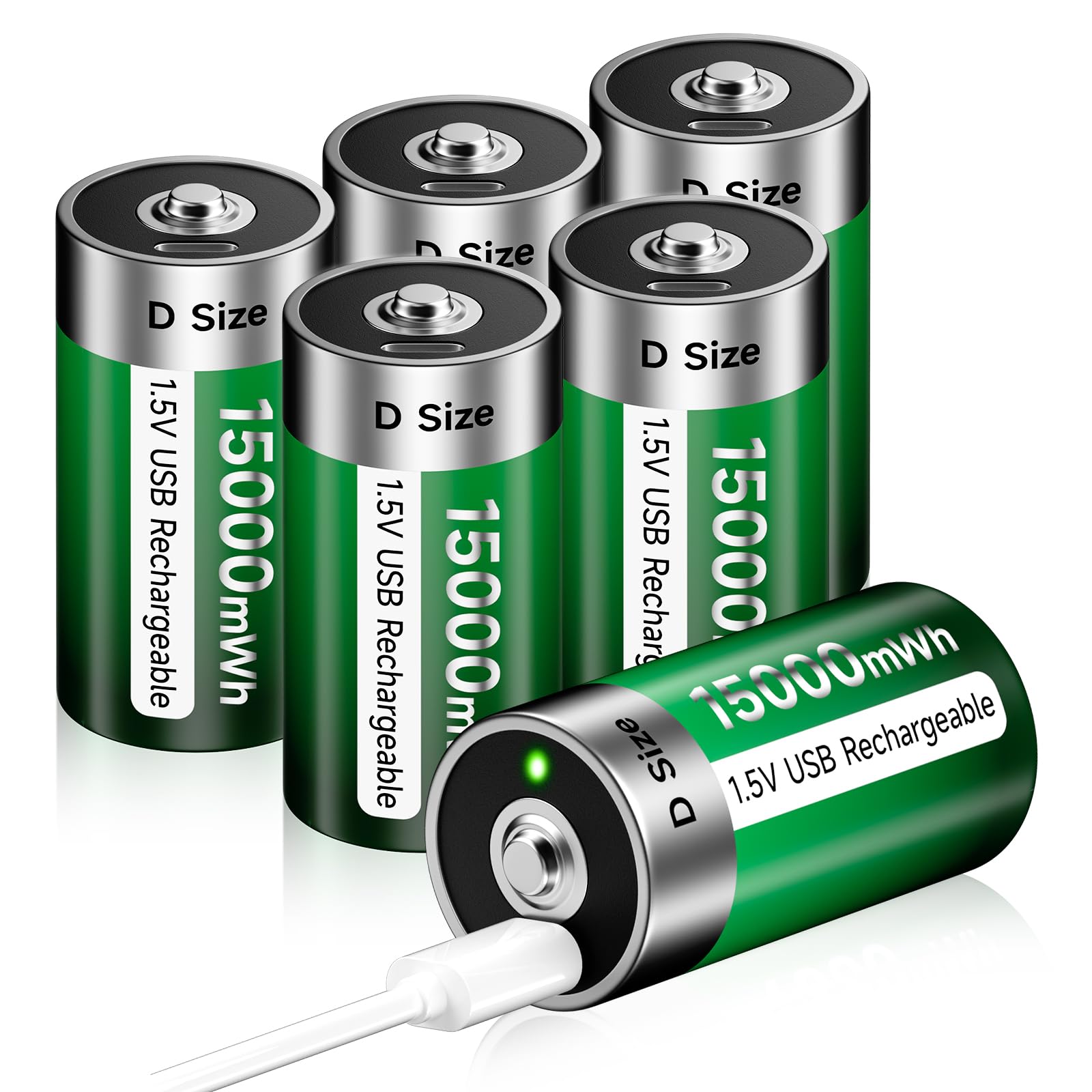 Palogreen Rechargeable D Batteries 6 Pack with USB-C Charging Cable,1.5V Lithium D Size Cell Battery 15000mWh for Flashlight Toys & floodlight