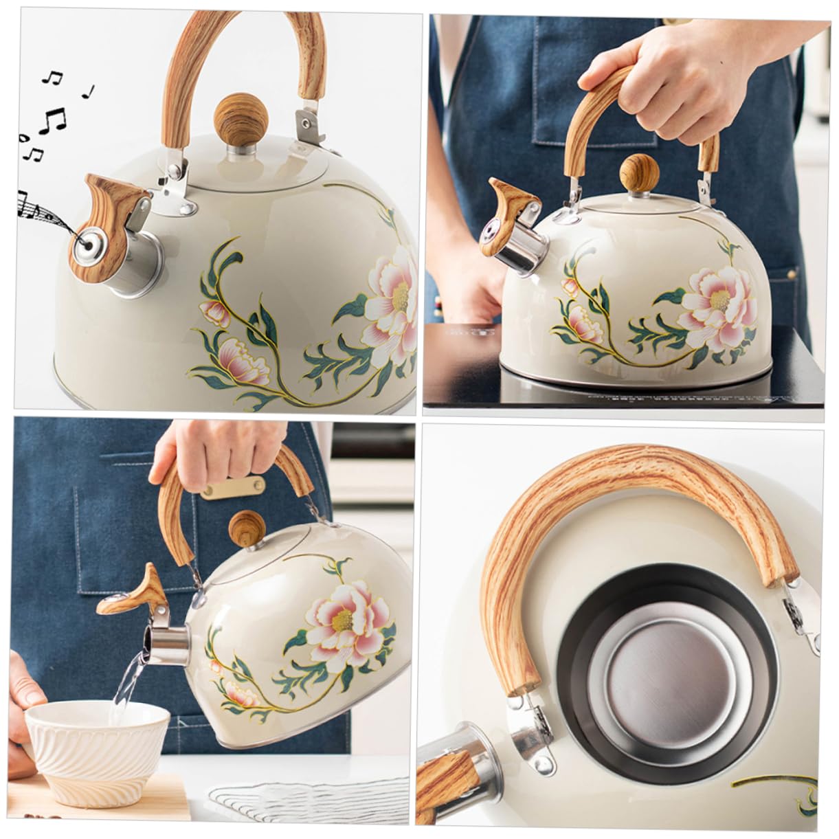 SOIMISS Hervidor de Agua Silbante Ligero de Acero Inoxidable Diseño de Flores y Capacidad de 3l, Adecuado para Estufa y Cocina Diaria