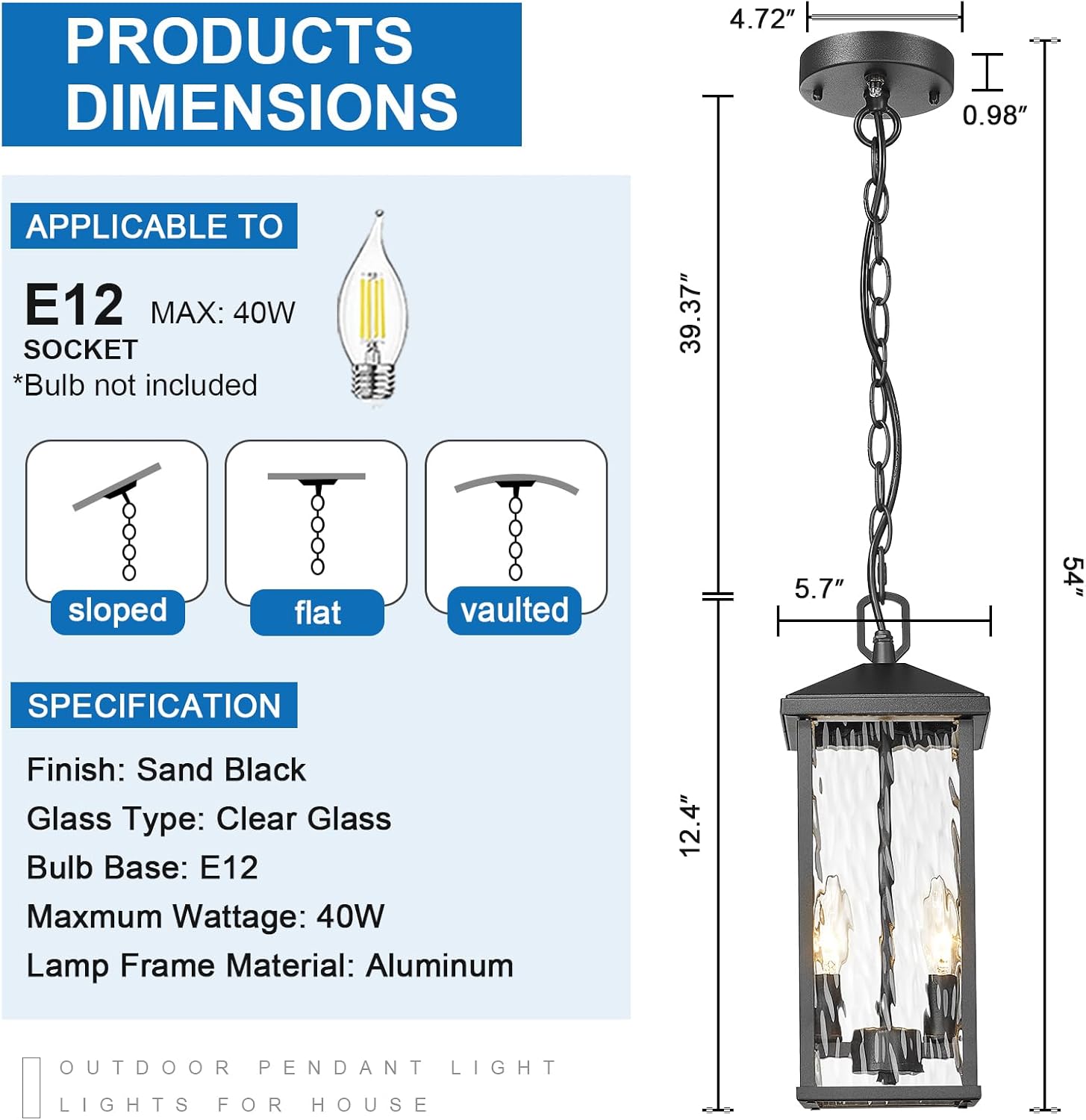 Outdoor Pendant Lights for Porch Chandelier Outdoor Pendant Lights Dusk to Dawn, 2-Light Modern Hanging Porch Lights Exterior Hanging Light Fixture with Water Ripple Glass for Patio Gazebo