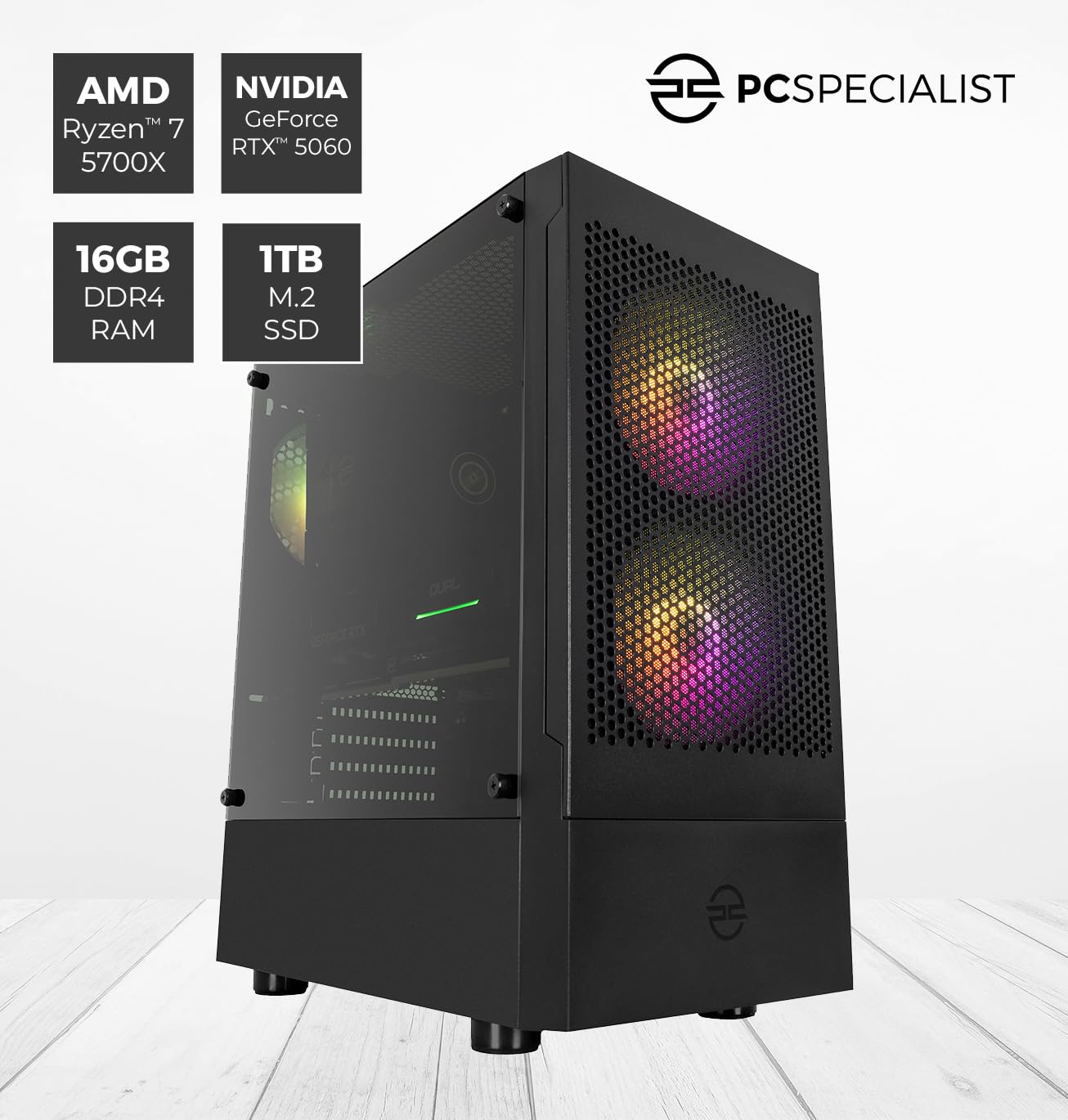 PCSpecialist Prism PC Gaming - AMD Ryzen 7 5700X 3.40 GHz 8-Core, 16 GB RAM, 8 GB GEFORCE RTX 5060, SSD 1TB M.2, Windows 11