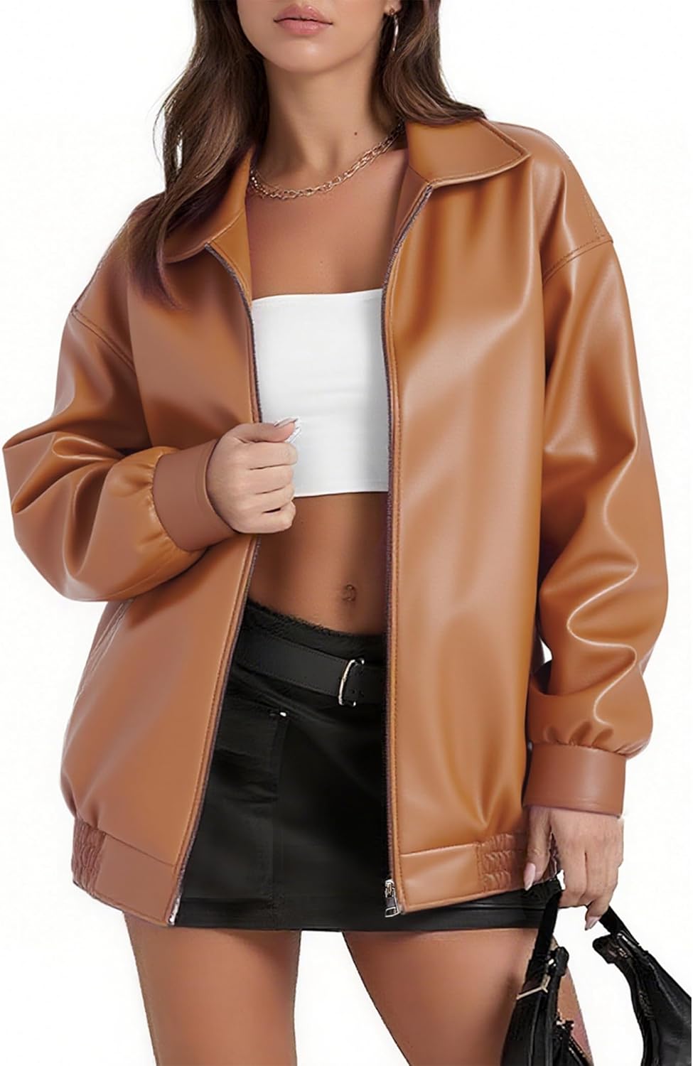 Women's Faux Oversized Leather Jacket, Zip Up Motorcycle Bomber Fall Jackets 2025, Vintage Y2K Tops Winter Coats Light Brown X-Large