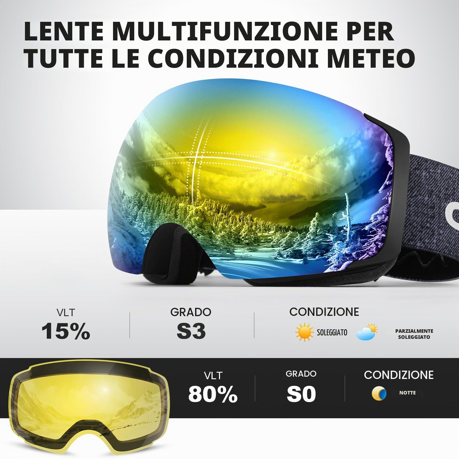 Odoland Maschera da Sci per Adulti e Giovani Grande Lente Sferica Senza Cornice con Lente Intercambiabili Magnetico, Occhiali da Sci con 2 Lente per Giorno e Notte, BE