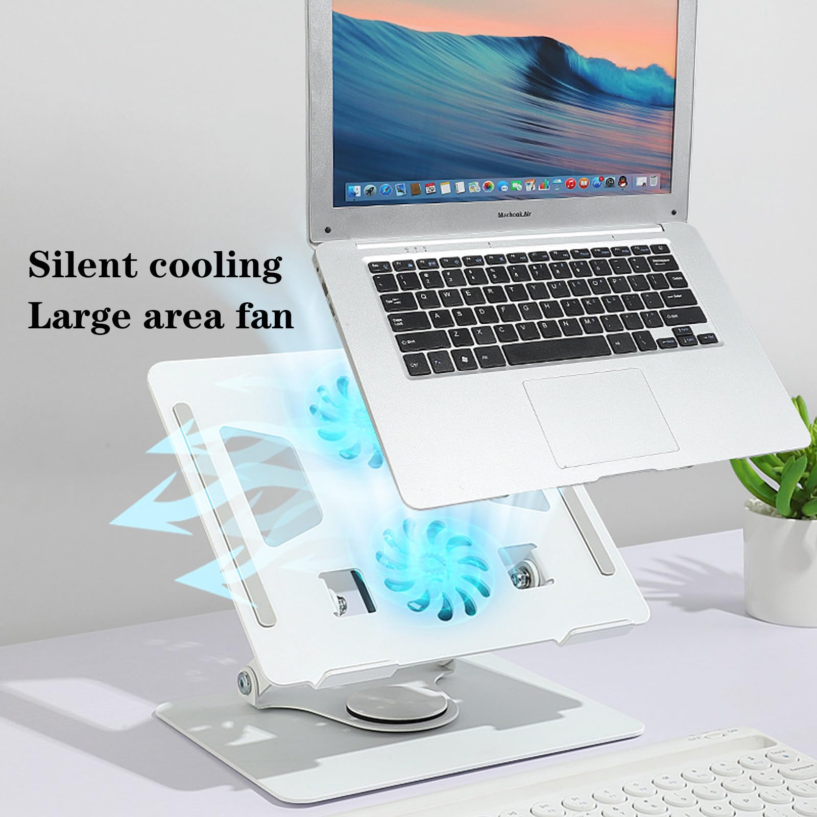 Supporto per computer portatile, girevole a 360°, raffreddamento ventola, pieghevole, in lega di alluminio, adatto per computer portatili fino a 17,3" (bianco)