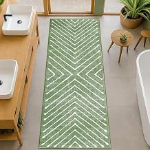 ROYHOME Washable Runner Rug 2x10 Non Slip Hallway Runner Rug for Entryway | Stain Resistant Soft Low Pile Indoor Carpet Runner Modern Striped Long Rug for Kitchen Bedroom Laundry Room, Green