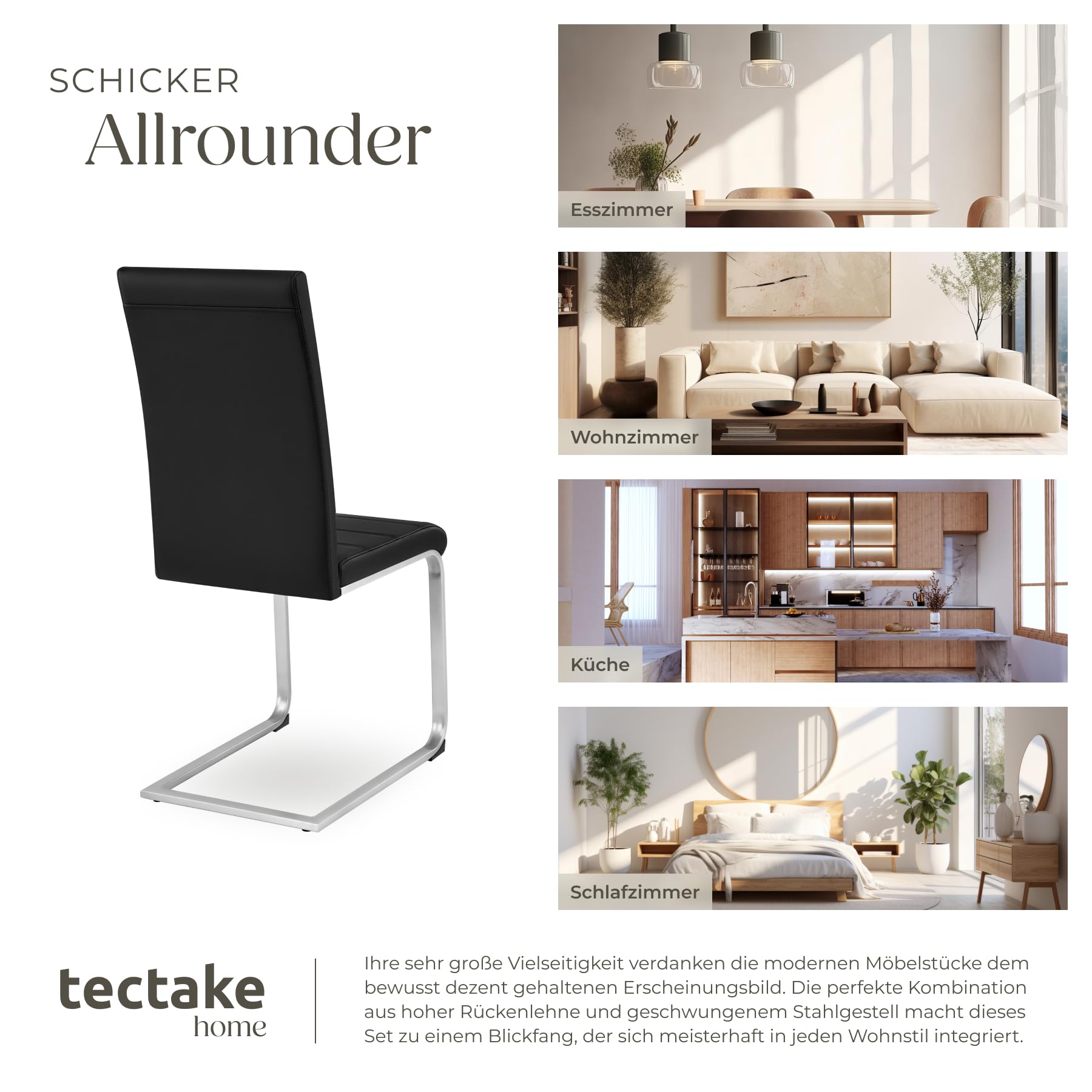 tectake® 2er Set Esszimmerstühle modern, ergonomischer Stuhl für Esszimmer, Besucherstuhl, Möbel für Küche, Esstisch, Küchenstühle, Freischwinger Essstühle, hohe Rückenlehne - schwarz