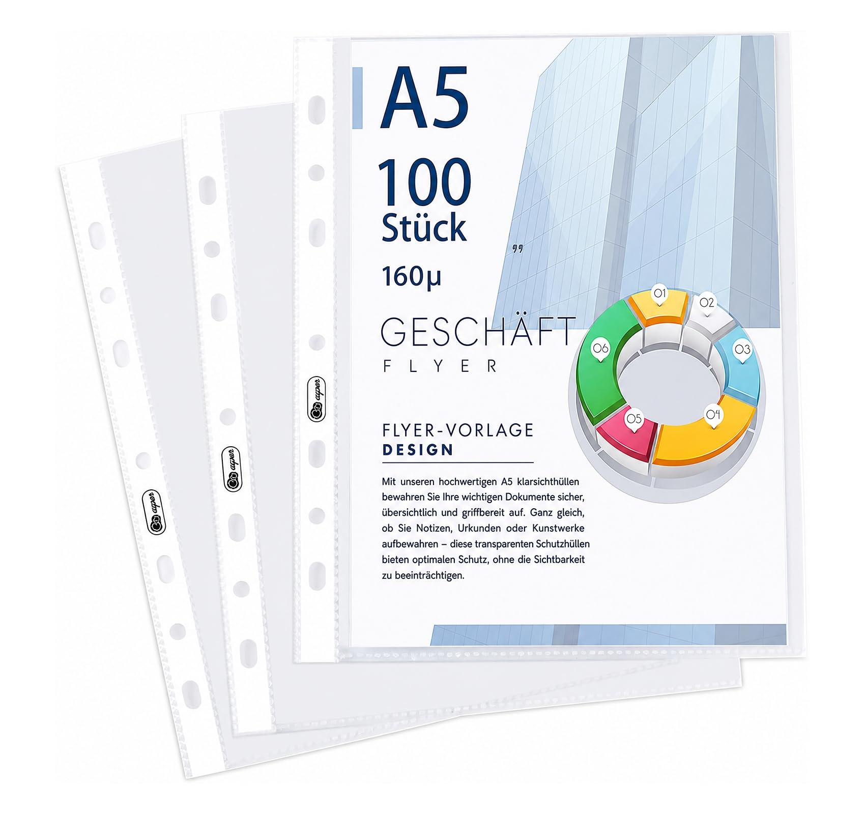 100 perforowanych plastikowych kieszeni A5, grubość 160 mikronów, etui kryształowe, segregator dokumentów