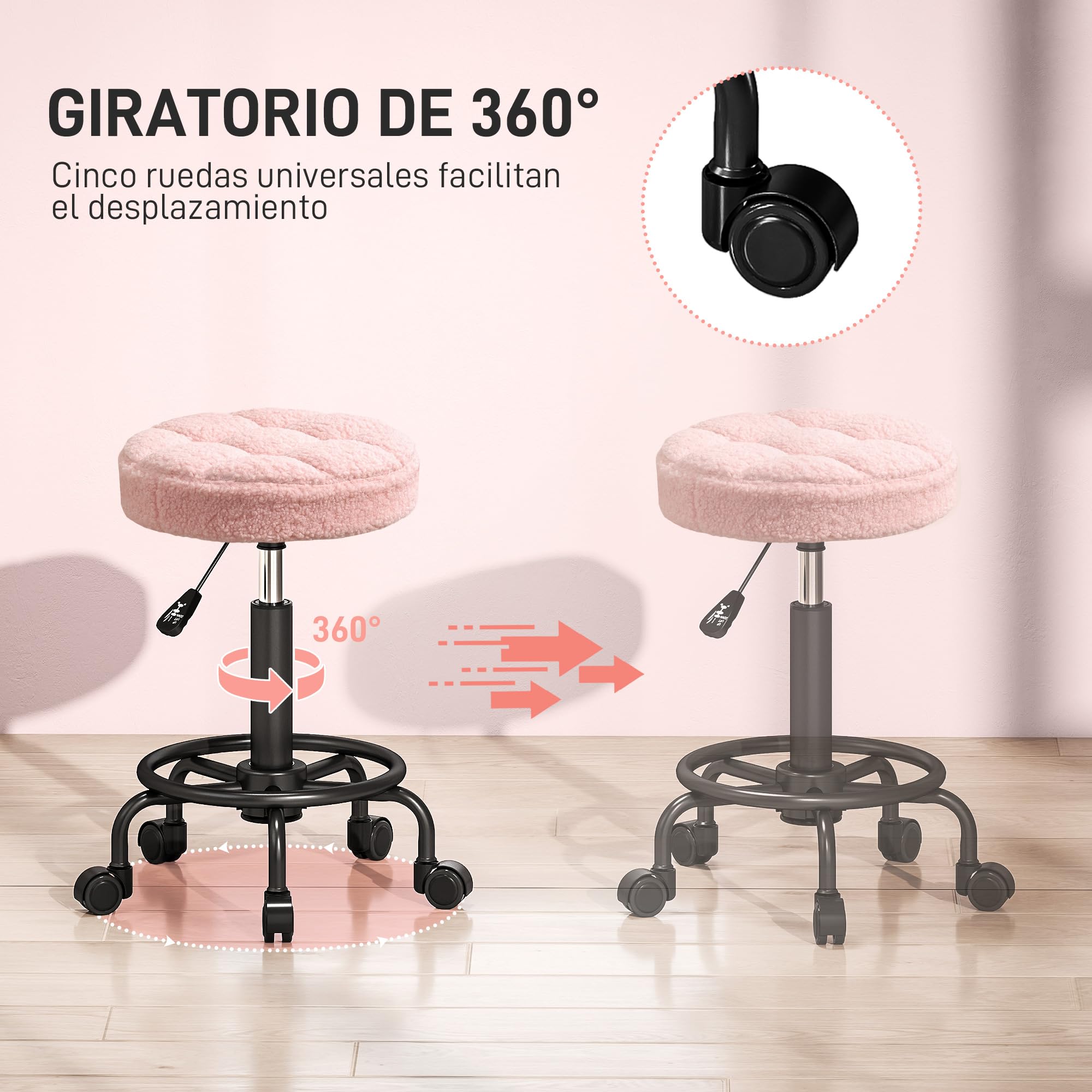 HOMCOM Taburete Giratorio Redondo Taburete con Ruedas Altura Regulable 50-66 cm Asiento Tapizado en Tejido de Borreguito para Salones Talleres SPA Masaje Rosa