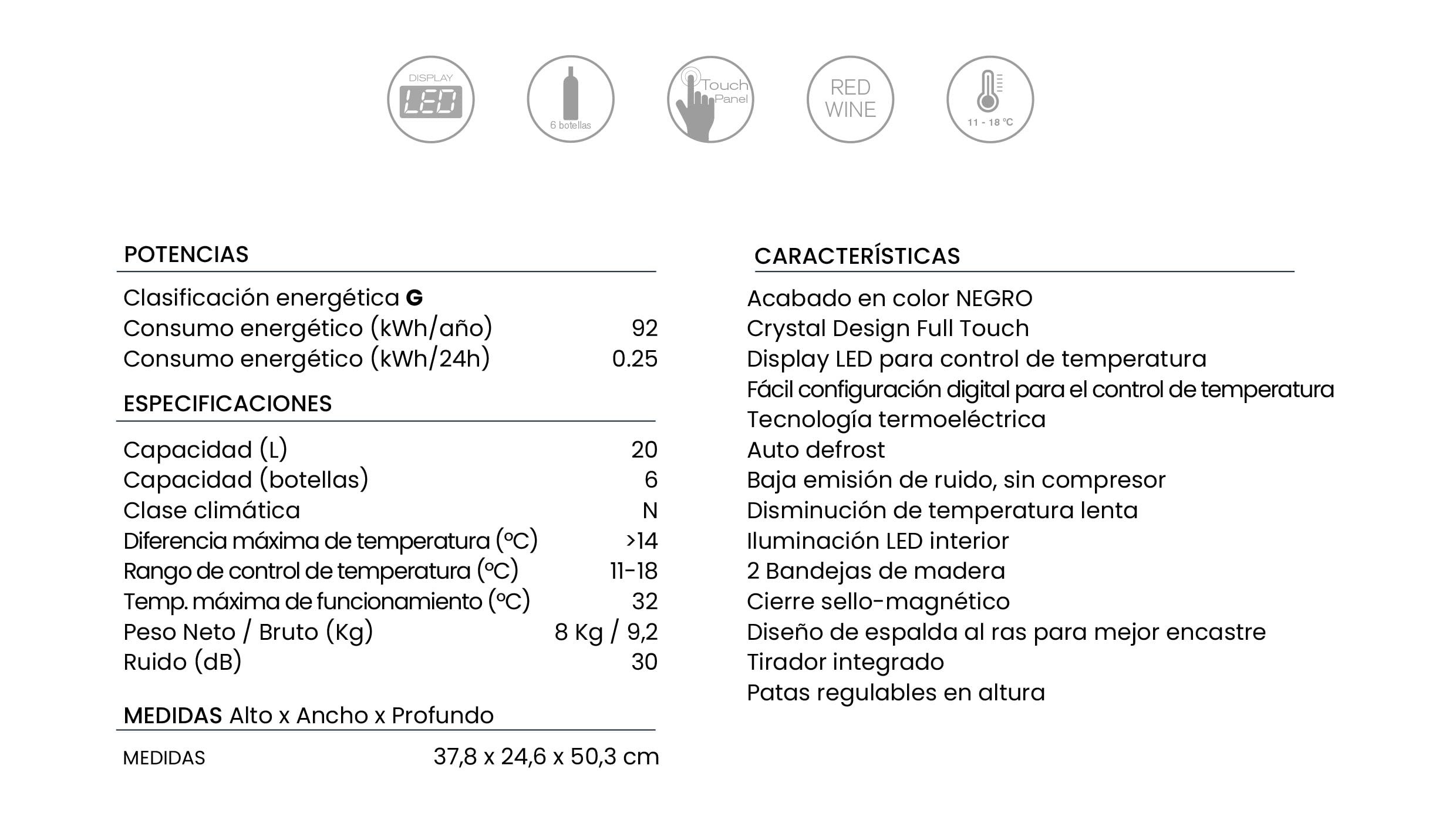 INFINITON WCL-A6BN – Vinoteca, Negra, 20 litros, capacidad 6 botellas, Estantes de madera, Display LED, Control táctil, luz LED interior, Baja emisión de ruido