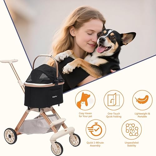 Miniatura 5 de SUNNYFEEL Cochecito para mascotas para perros y gatos pequeños, de aluminio, dos en uno, plegable con un solo clic, soporta hasta 40 libras, cesta