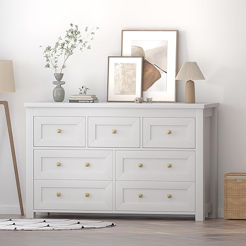 Miniatura 6 de Boonatu Cómoda blanca para dormitorio con 7 cajones, cómoda blanca, cómoda rústica de madera con asas de metal, cómoda moderna para dormitorio con